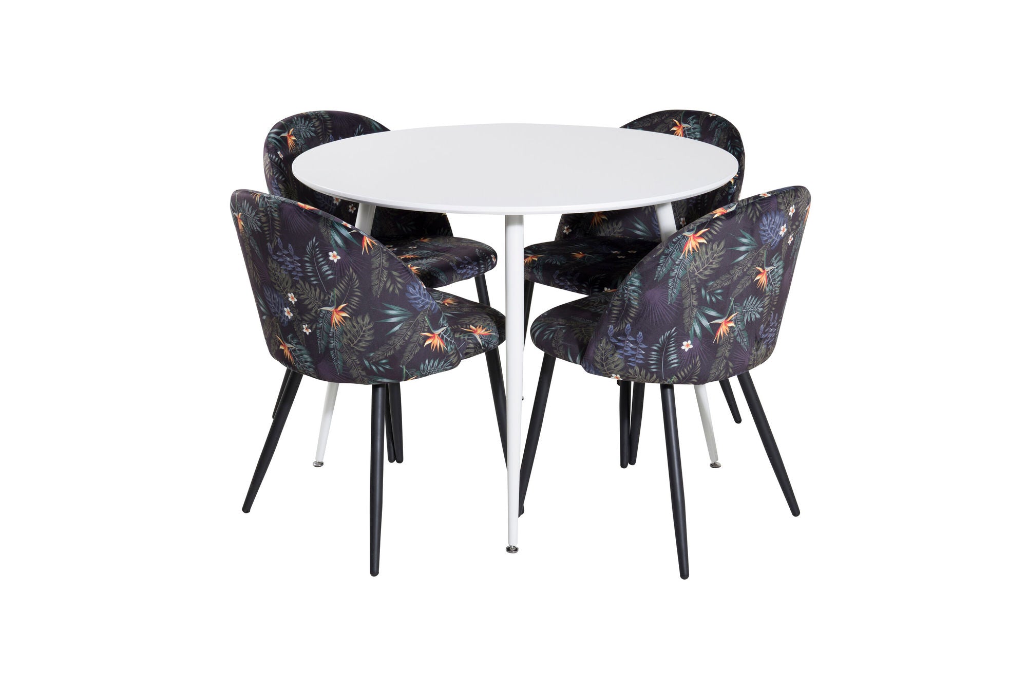 Venture Home Plaza rund bord 100 cm - White top / White Legs+Velvet Spisebordsstol - Black Flower fabric_4