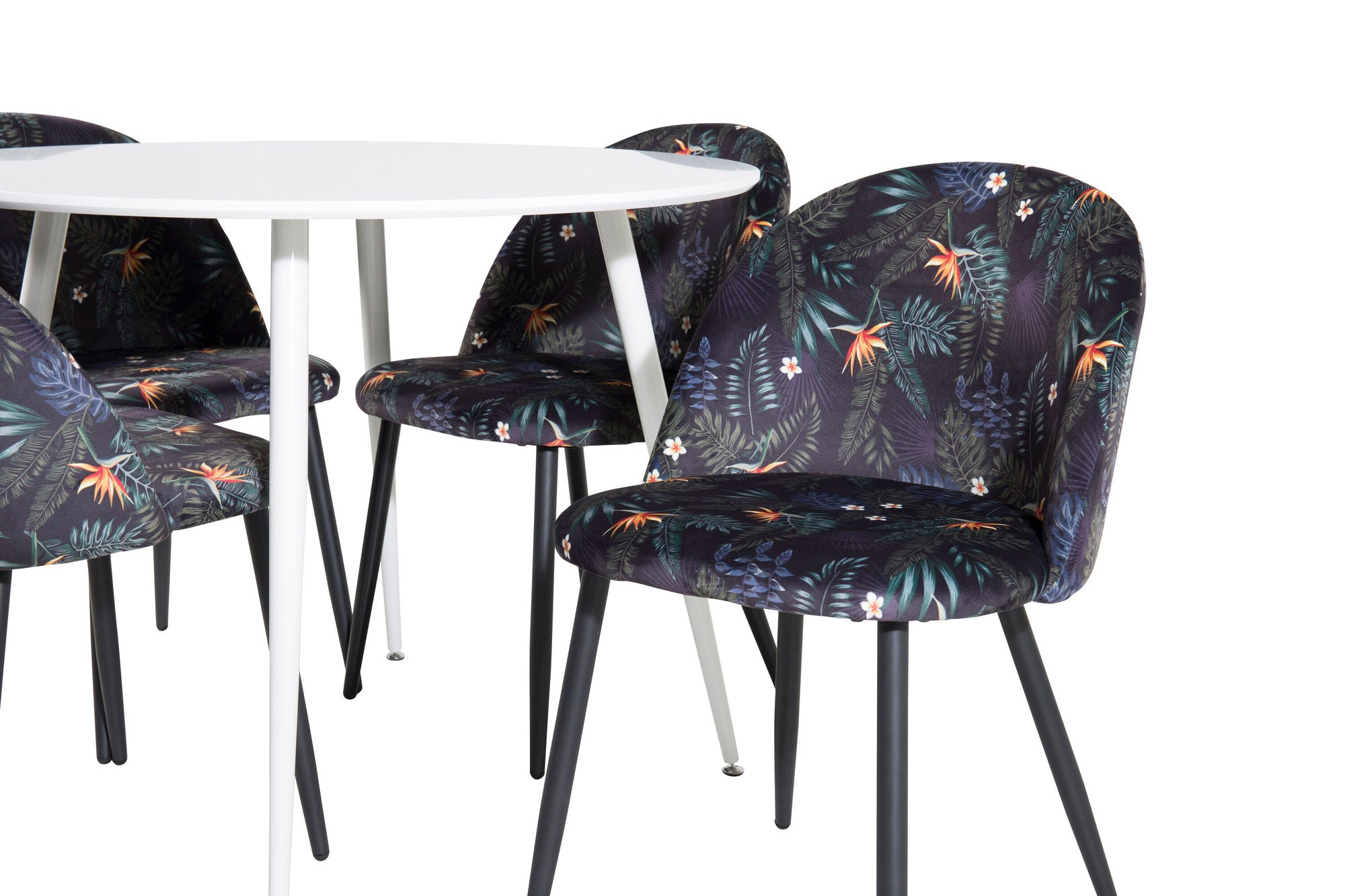 Venture Home Plaza rund bord 100 cm - White top / White Legs+Velvet Spisebordsstol - Black Flower fabric_4