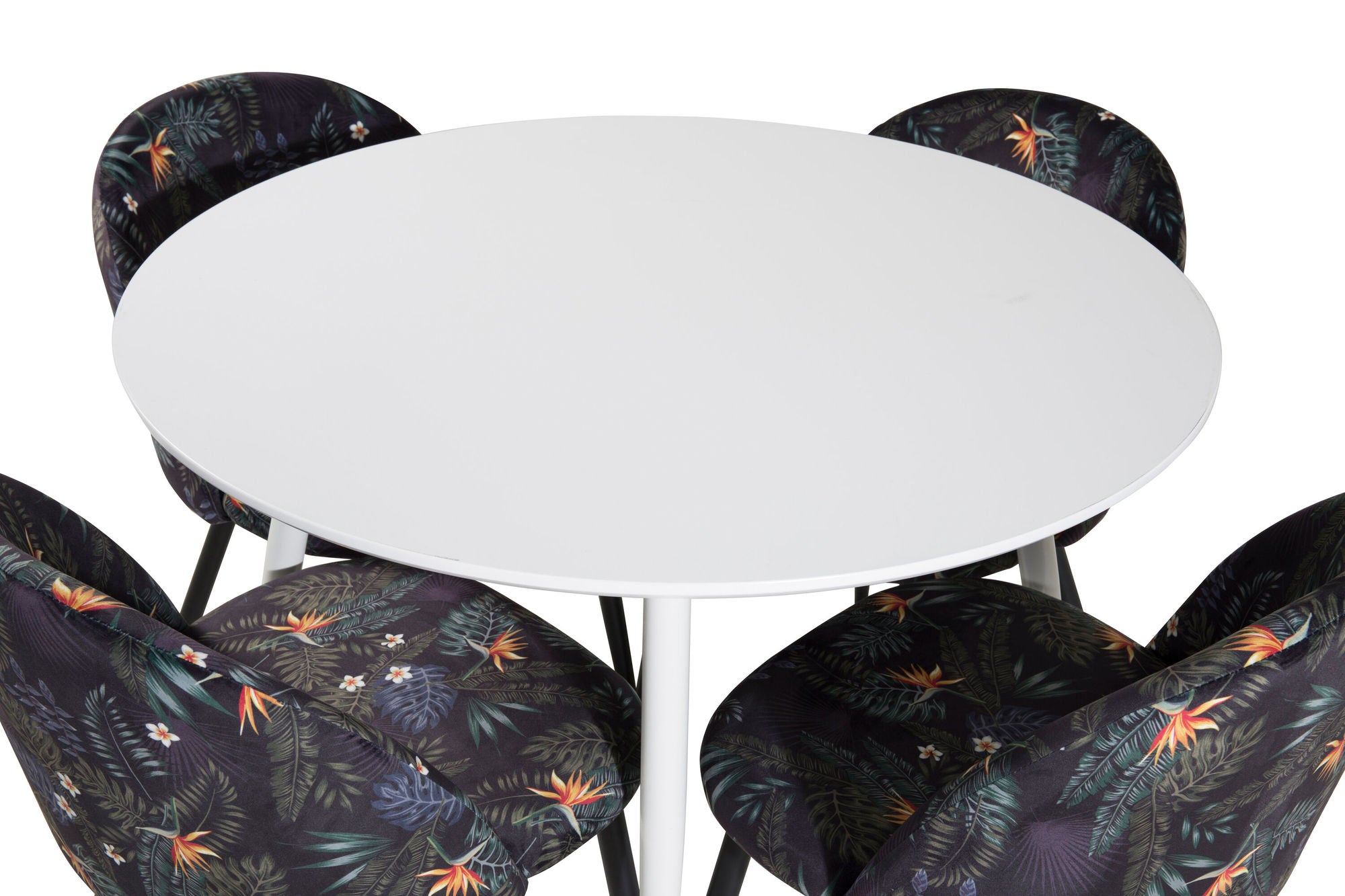 Venture Home Plaza rund bord 100 cm - White top / White Legs+Velvet Spisebordsstol - Black Flower fabric_4