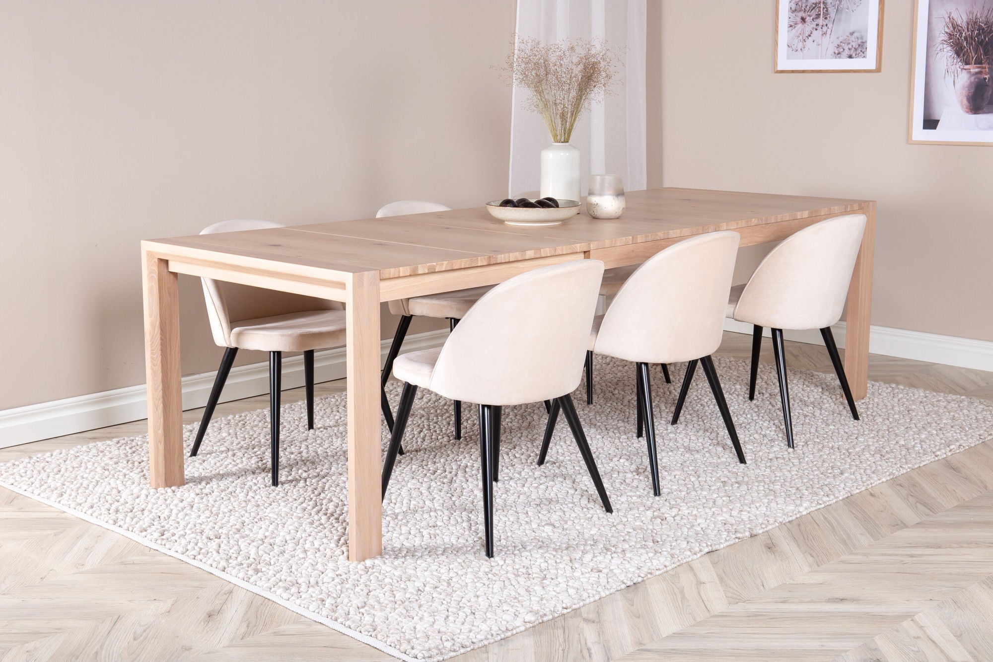Venture Home Slider Extention bord - White Wash - 170+40+40cm +Velvet Spisebordsstol - Beige