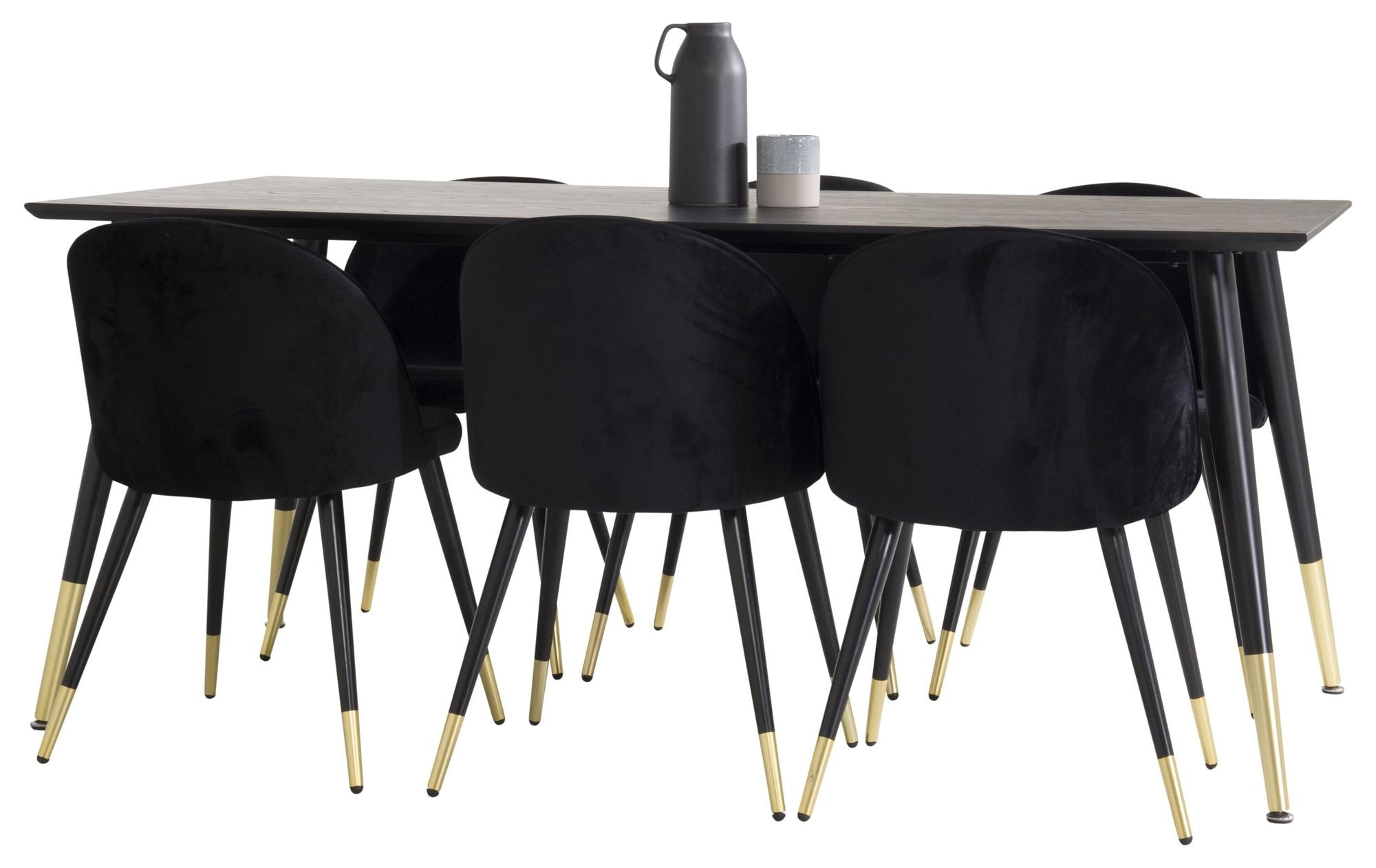 Venture Home Dipp spisebord - 180*90cm - Black Veneer / black legs w brass dipp - Velvet Spisebordsstol Brass - Black / Black 6