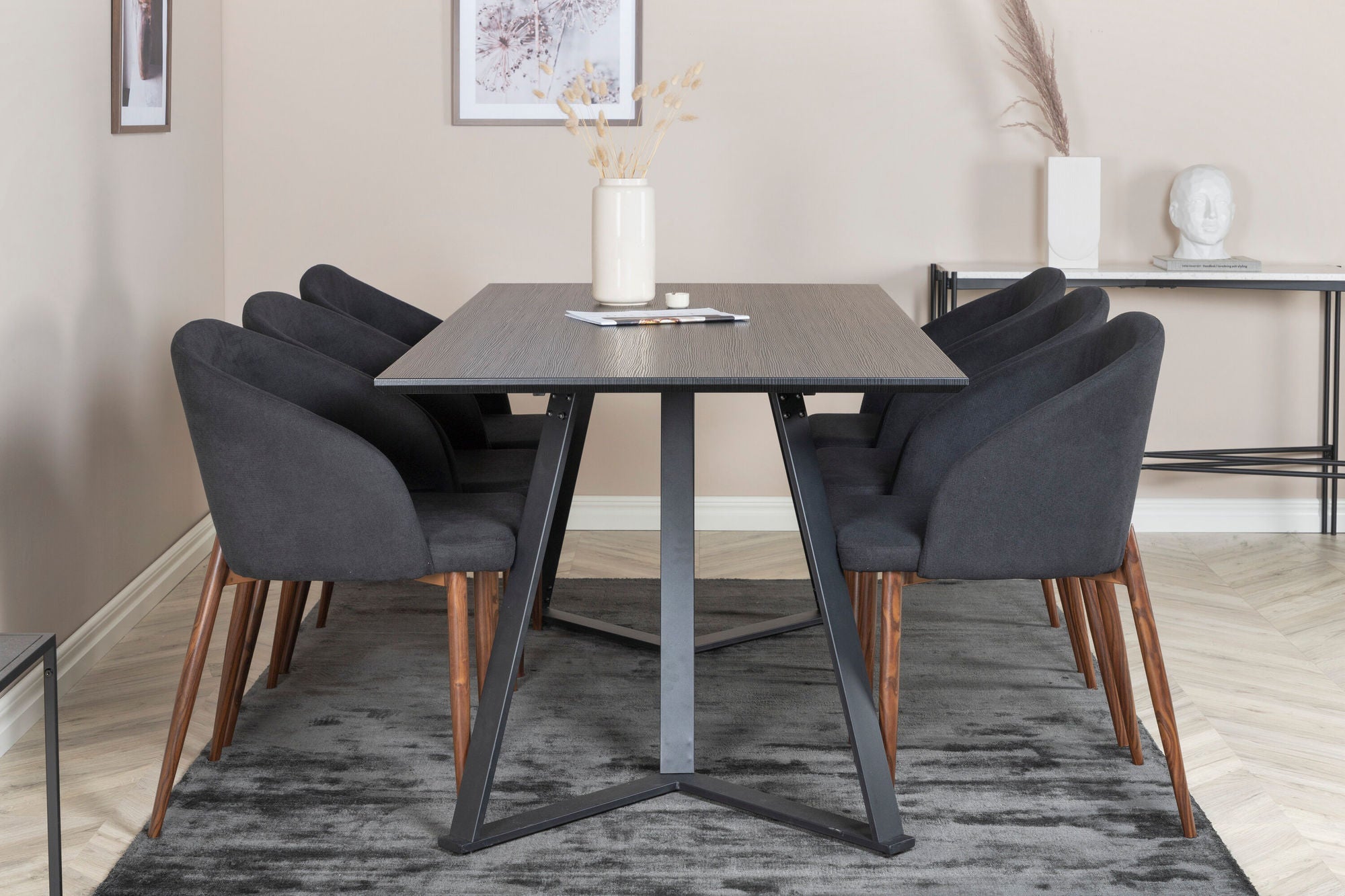 Venture Home Marina spisebord - Black top / Black Legs +Arch Spisebordsstol - Walnut Legs - Black Fabric_6