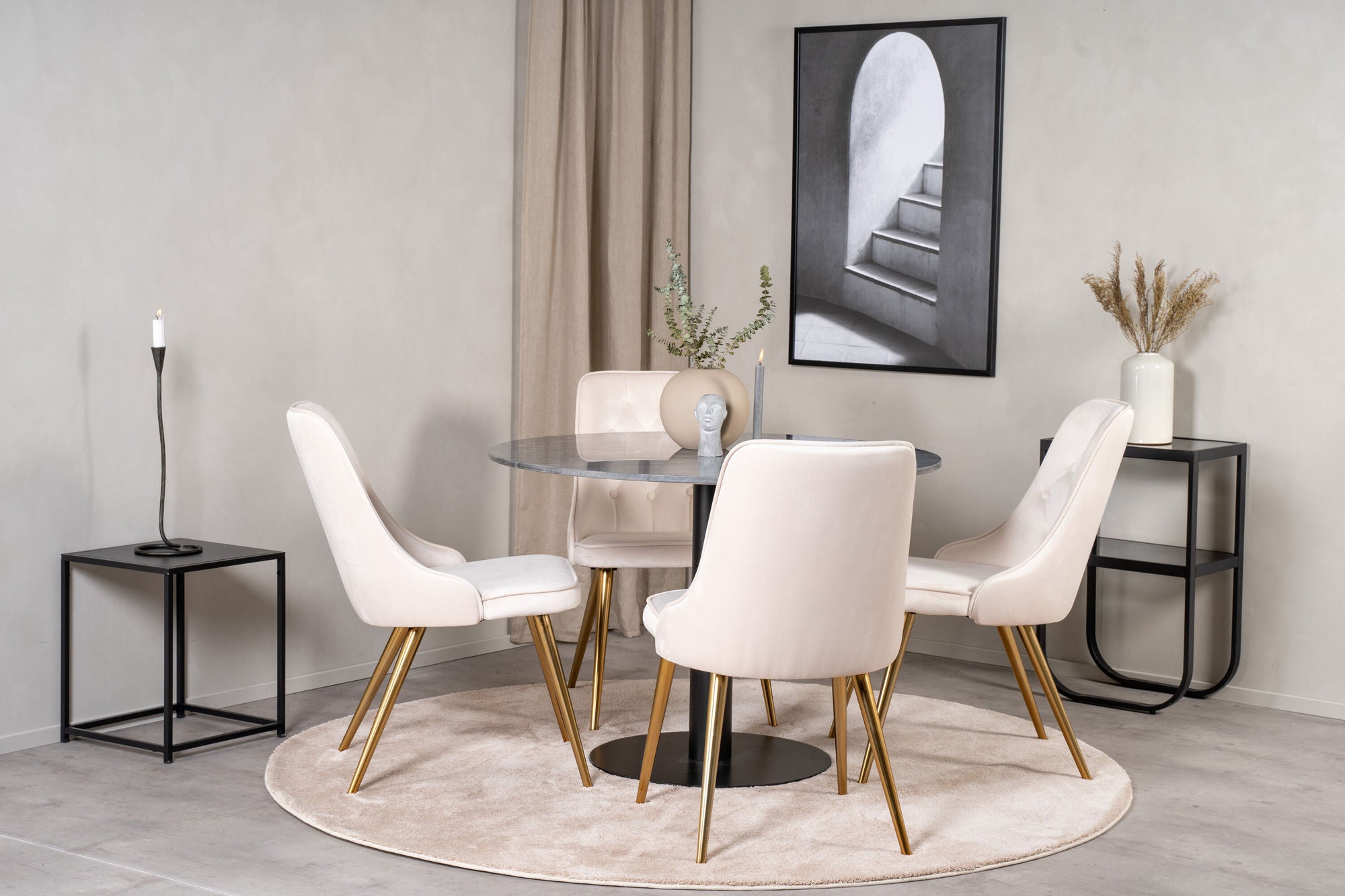 Venture Home Estelle runt Matbord - Svart / Svart marmor - ø106*H75+Velvet Deluxe Spisebordsstol - Brushed brass leg / Beige Velvet_4