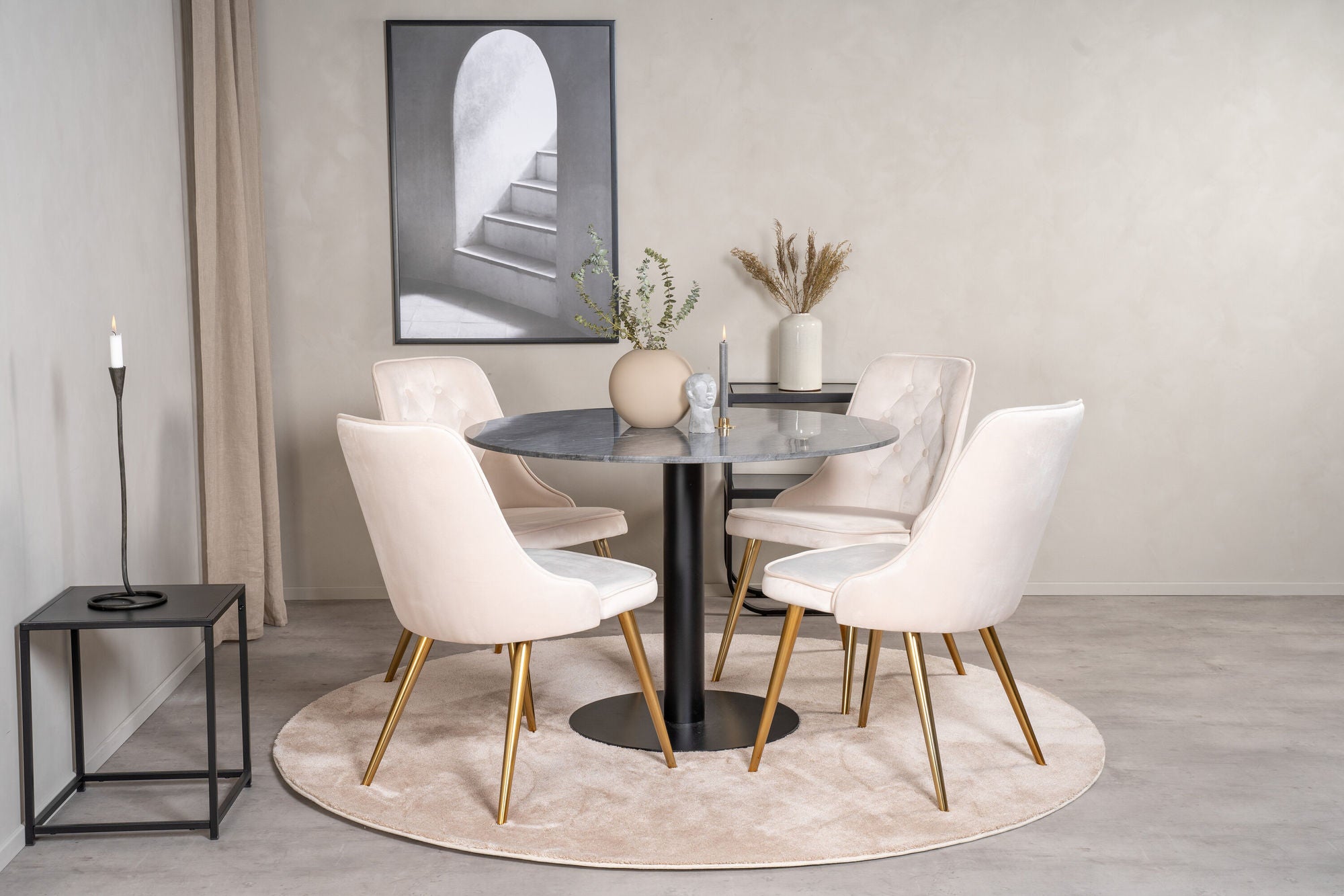 Venture Home Estelle runt Matbord - Svart / Svart marmor - ø106*H75+Velvet Deluxe Spisebordsstol - Brushed brass leg / Beige Velvet_4