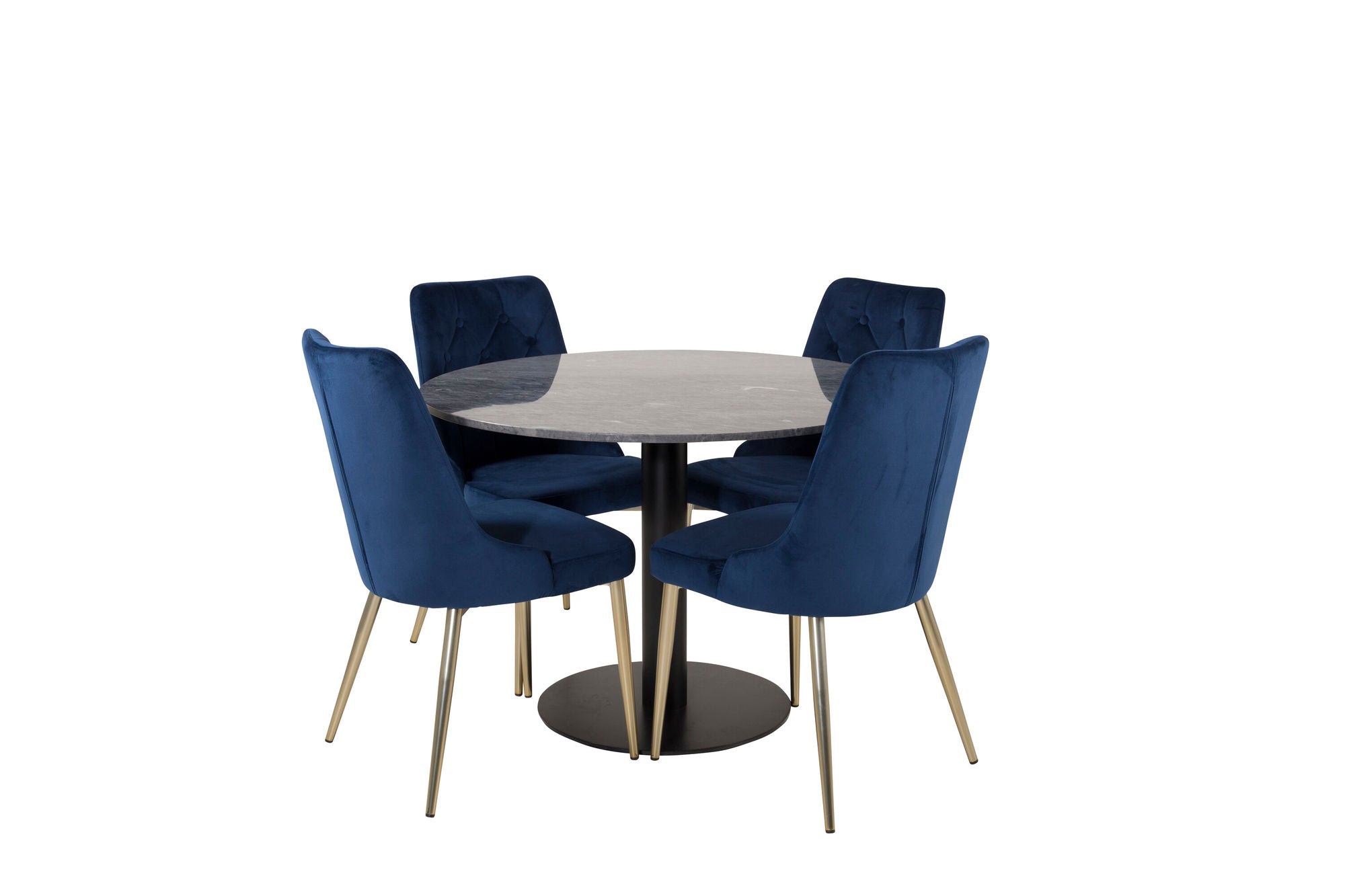Venture Home Estelle spisebord round 106cm Grey Marble / Black Legs - Velvet Deluxe stol - Blue/Matt Brass Leg 4