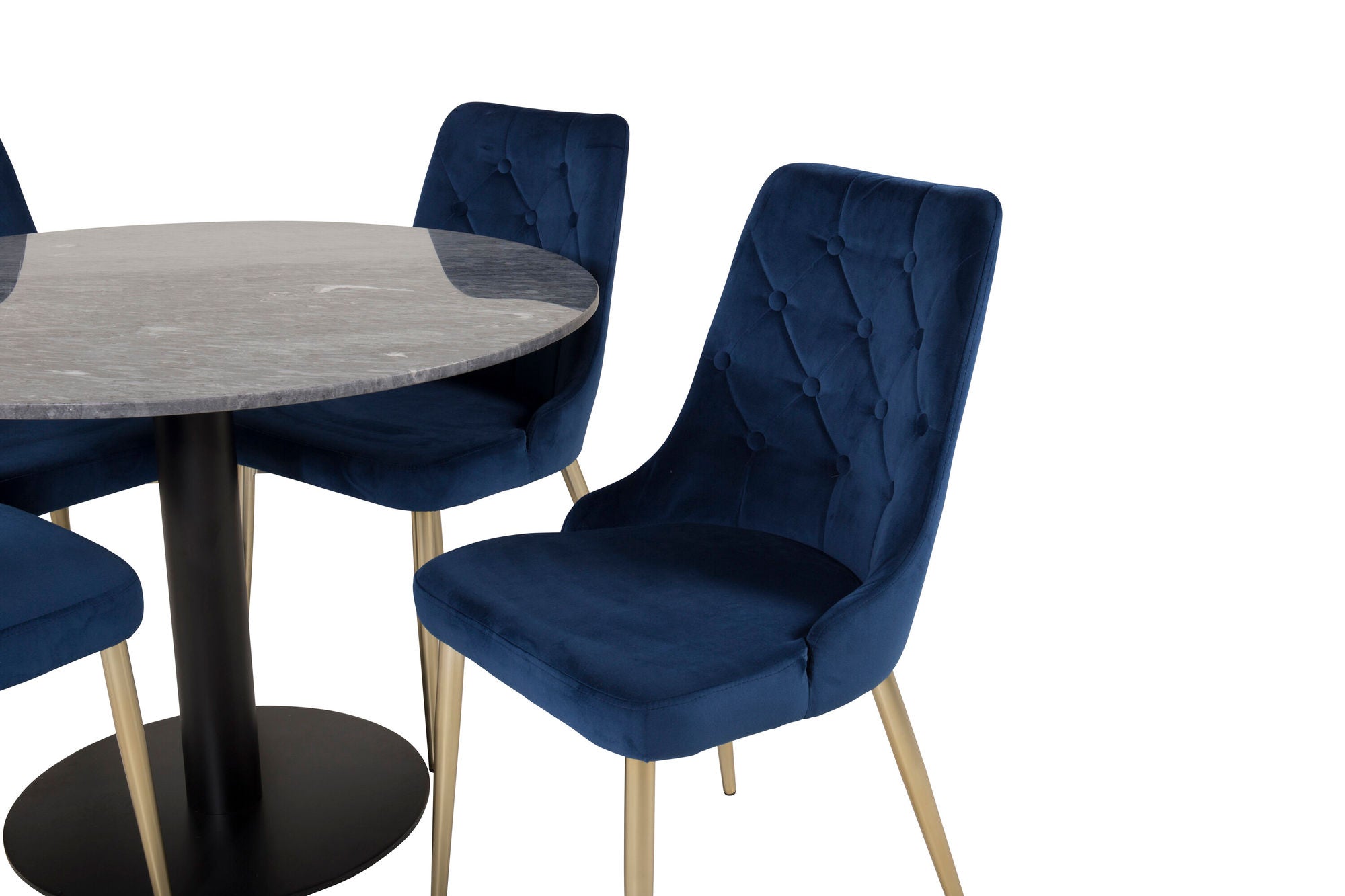 Venture Home Estelle spisebord round 106cm Grey Marble / Black Legs - Velvet Deluxe stol - Blue/Matt Brass Leg 4