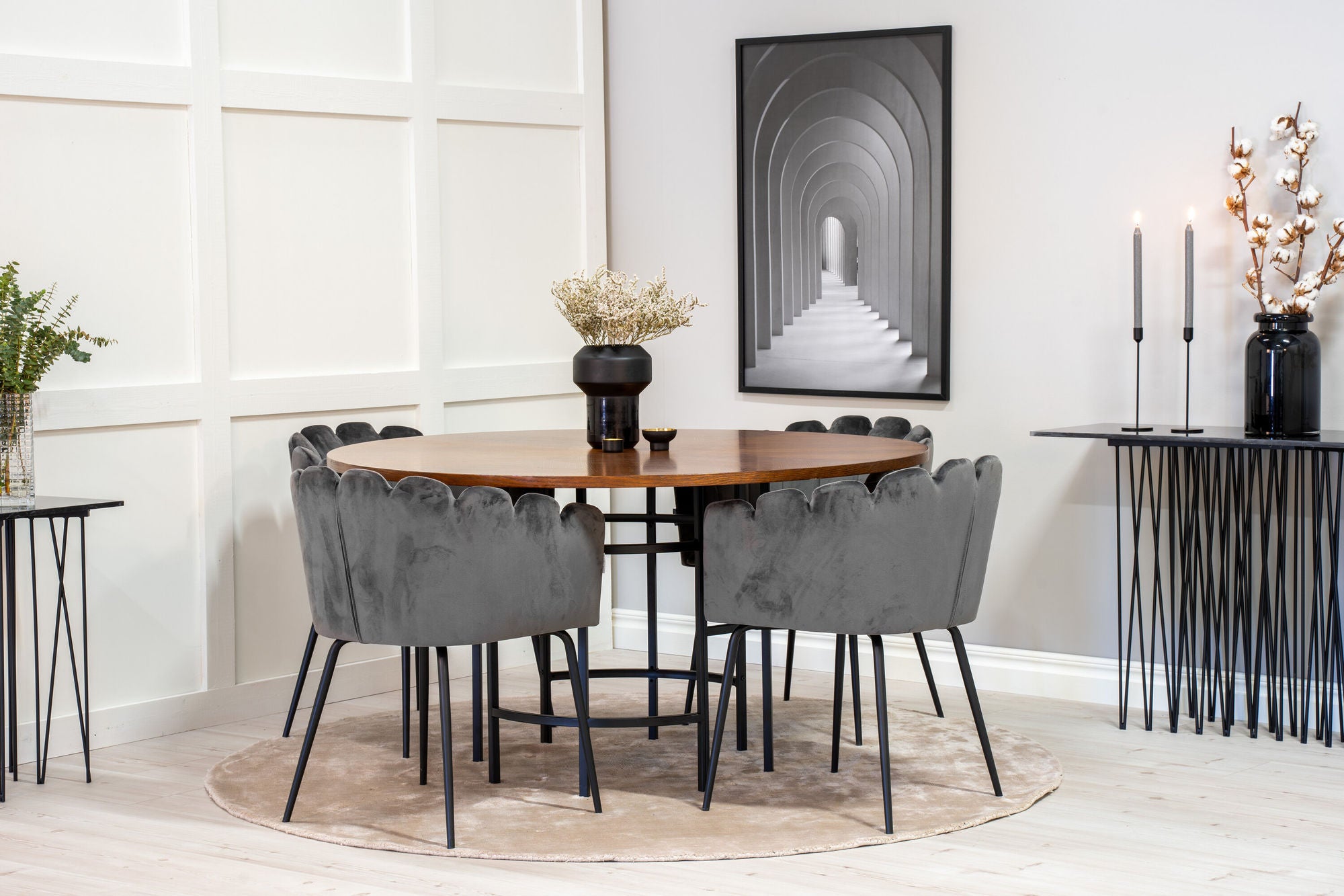 Venture Home Copenhagen - spisebord round - Brown / Black+Limhamn - stol - Grey Velvet_4