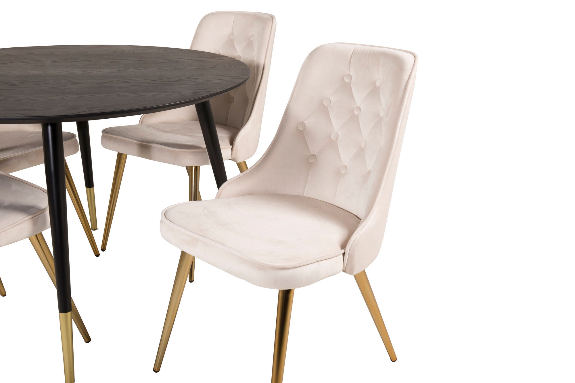 Venture Home Dipp spisebord - 115cm - Black Veneer / black legs w brass dipp +Velvet Deluxe Spisebordsstol - Brushed brass leg / Beige Velvet_4