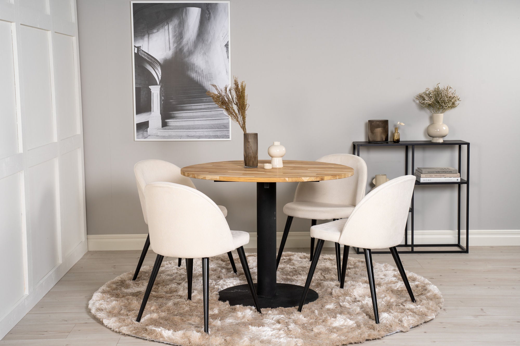 Venture Home Cirebon rund bord - 100cm - Teak / Black +Velvet Spisebordsstol - Black Legs /