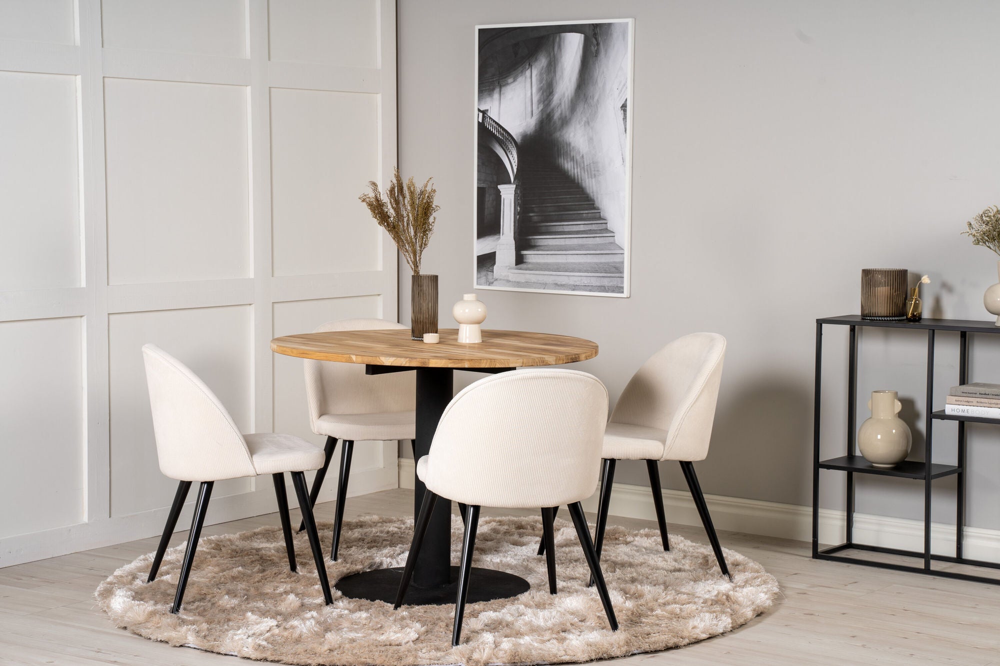 Venture Home Cirebon rund bord - 100cm - Teak / Black +Velvet Spisebordsstol - Black Legs /