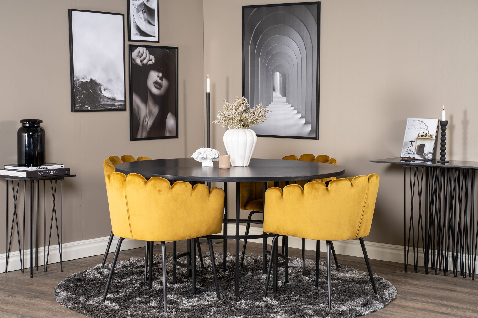 Venture Home Copenhagen - spisebord round - Black / Black+Limhamn - stol - Gold Velvet_4