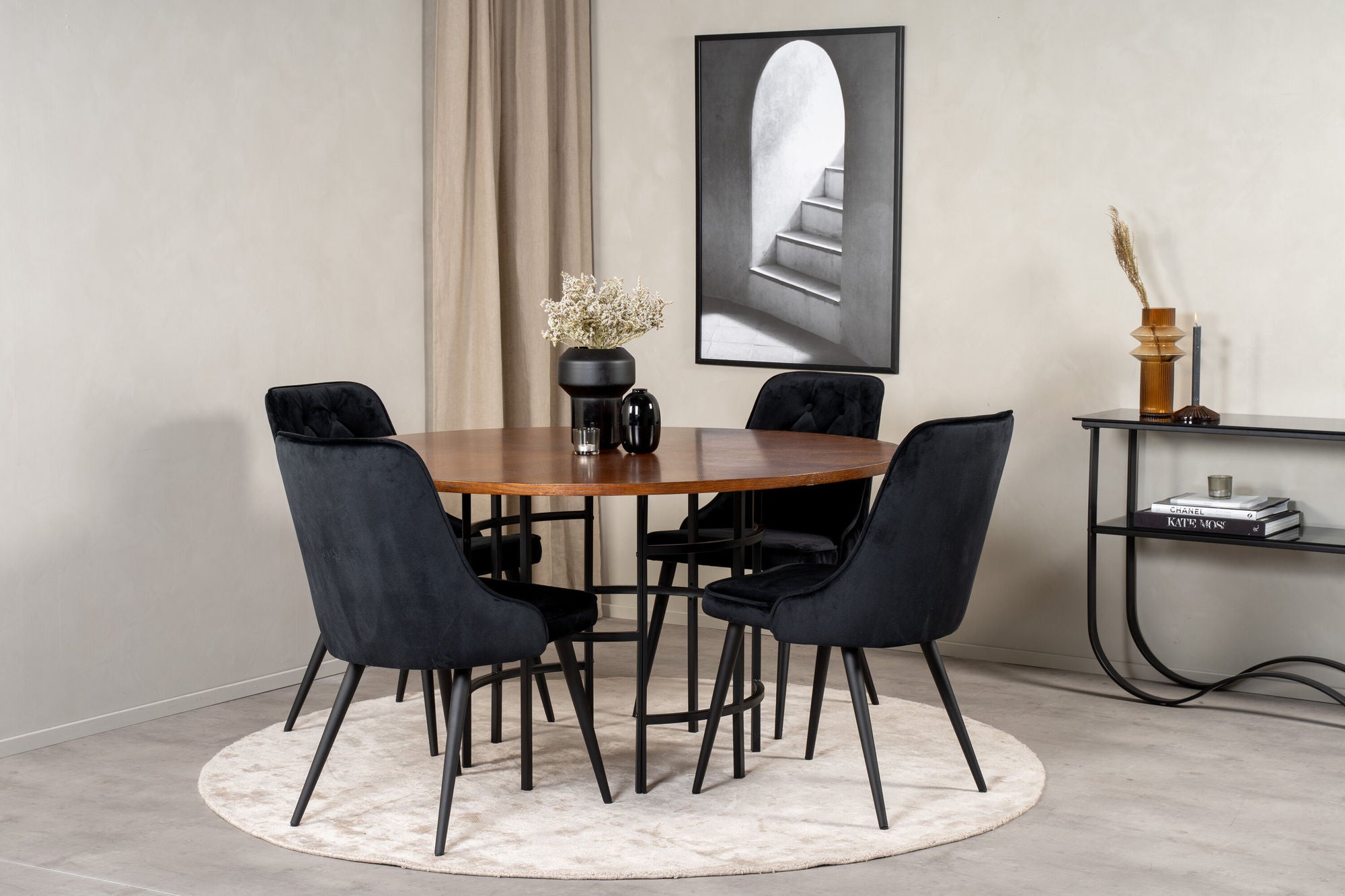 Venture Home Copenhagen - spisebord round - Brown / Black+Velvet Deluxe Spisebordsstol - Black legs / Black velvet_4