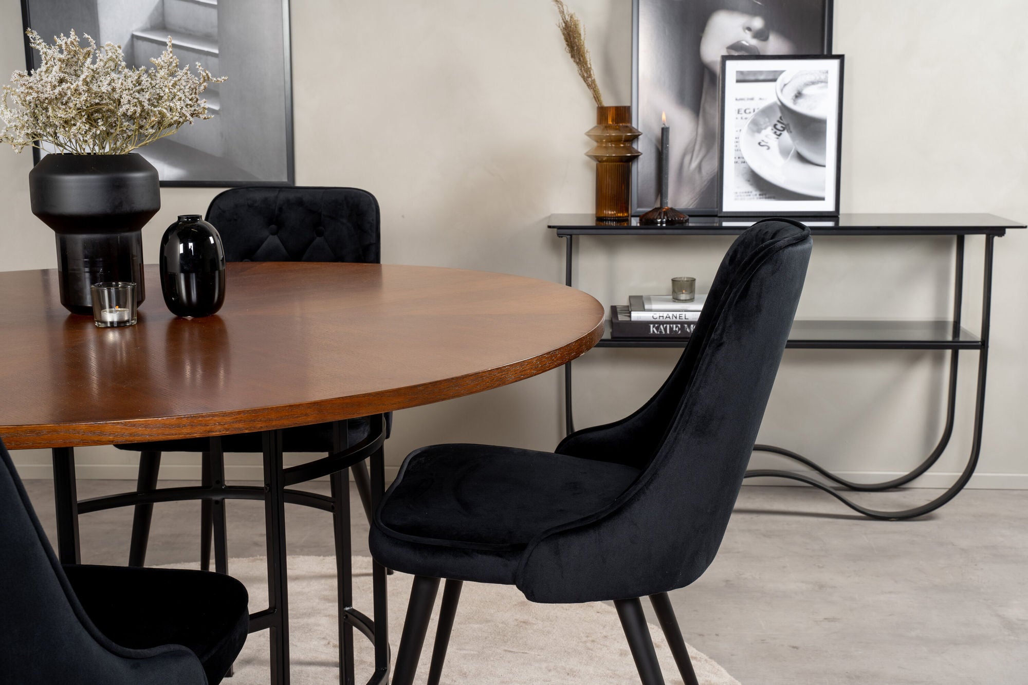 Venture Home Copenhagen - spisebord round - Brown / Black+Velvet Deluxe Spisebordsstol - Black legs / Black velvet_4