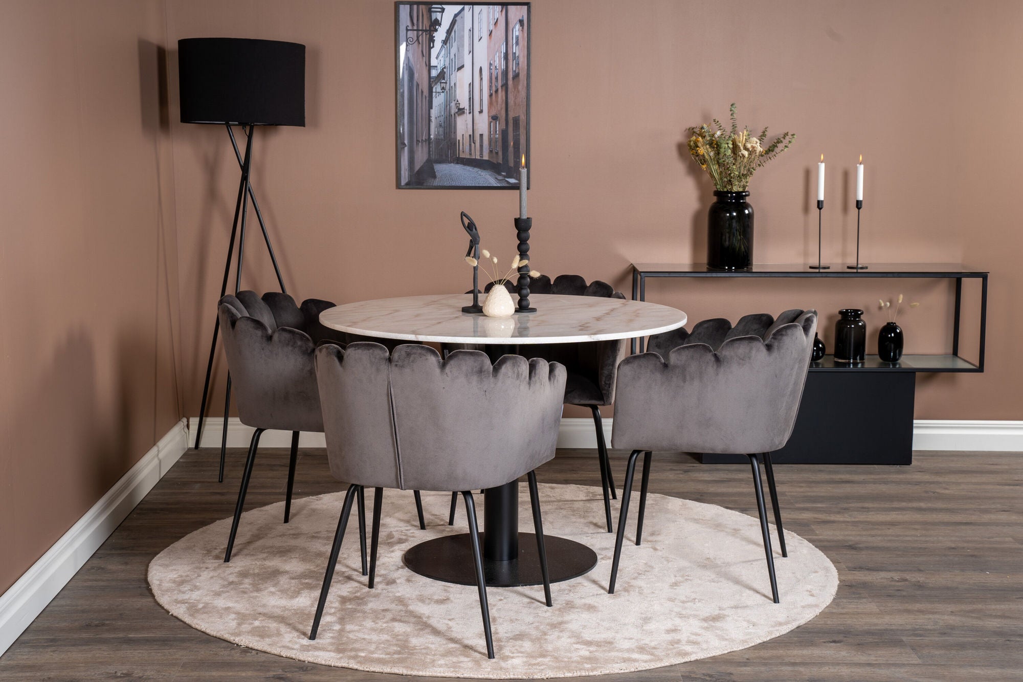 Venture Home Estelle runt Matbord - Svart / Vit marmor - ø106*H75+Limhamn - stol - Grey Velvet_4