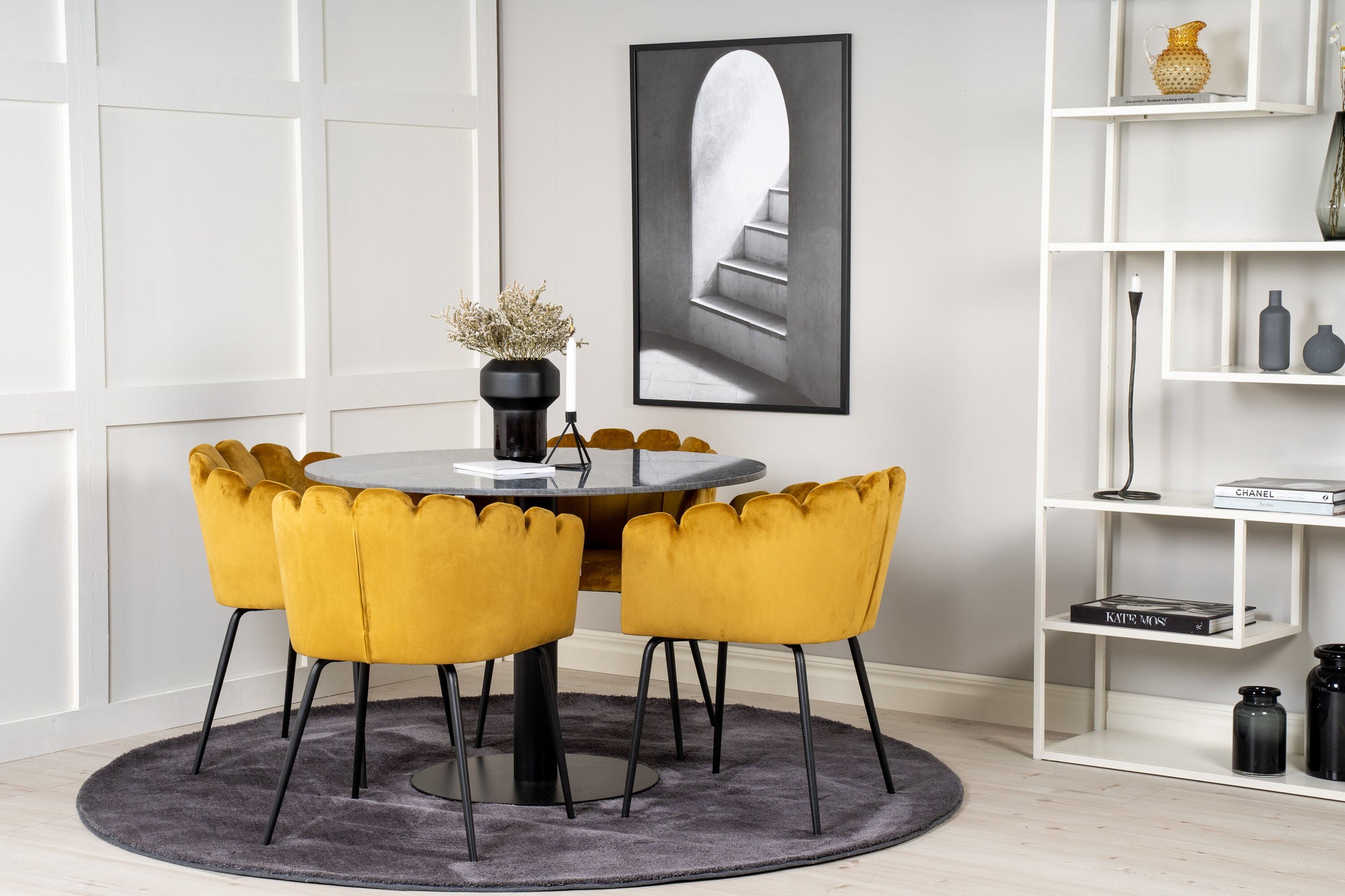 Venture Home Estelle runt Matbord - Svart / Svart marmor - ø106*H75+Limhamn - stol - Gold Velvet_4