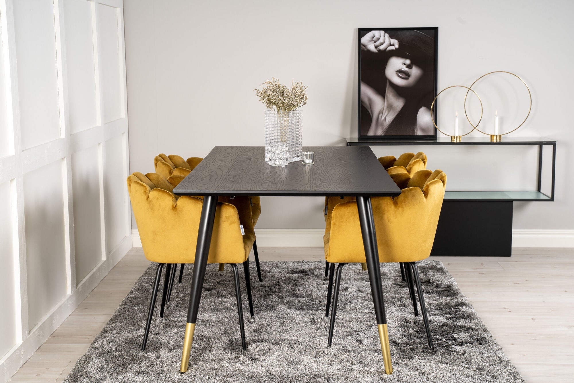 Venture Home Dipp spisebord - 180*90cm - Black Veneer / black legs w brass dipp +Limhamn - stol - Gold Velvet_4