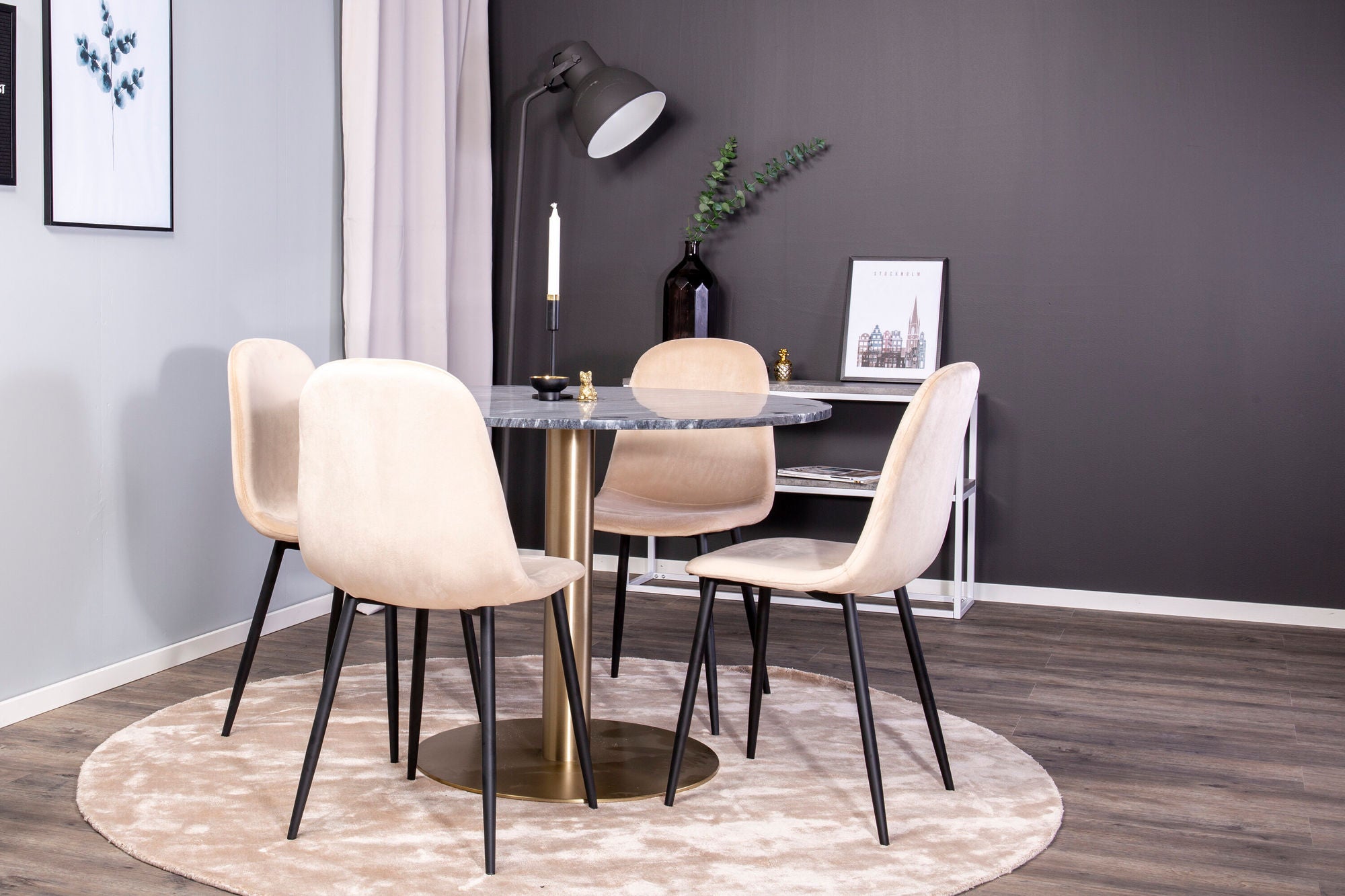 Venture Home Estelle runt Matbord - Borstad Mässing / Svart marmor - ø106*H75+Polar Spisebordsstol - Black legs / Beige Velvet_4