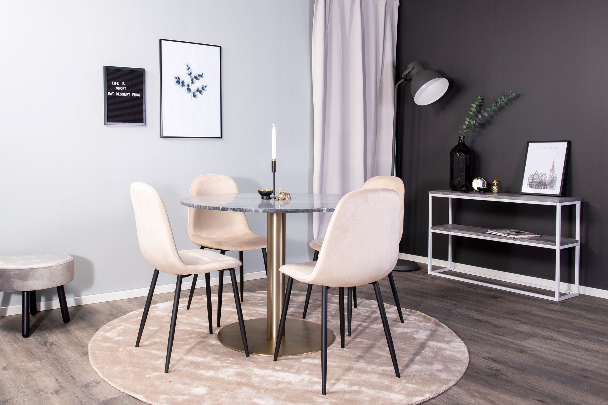 Venture Home Estelle runt Matbord - Borstad Mässing / Svart marmor - ø106*H75+Polar Spisebordsstol - Black legs / Beige Velvet_4