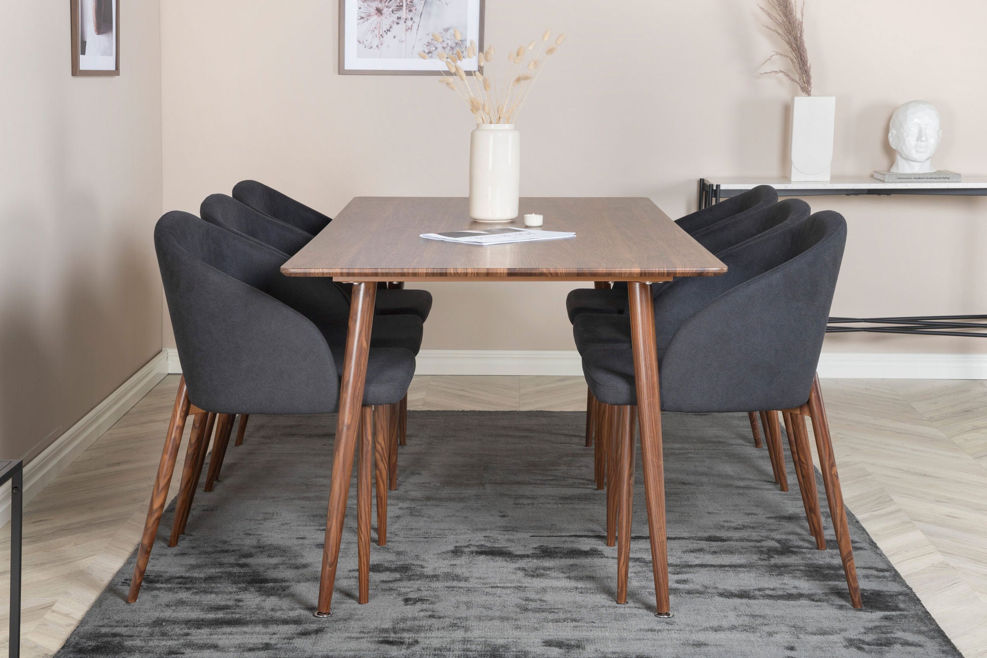 Venture Home Polar spisebord 180 cm - Walnut top - Walnut Legs+Arch Spisebordsstol - Walnut Legs - Black Fabric_6