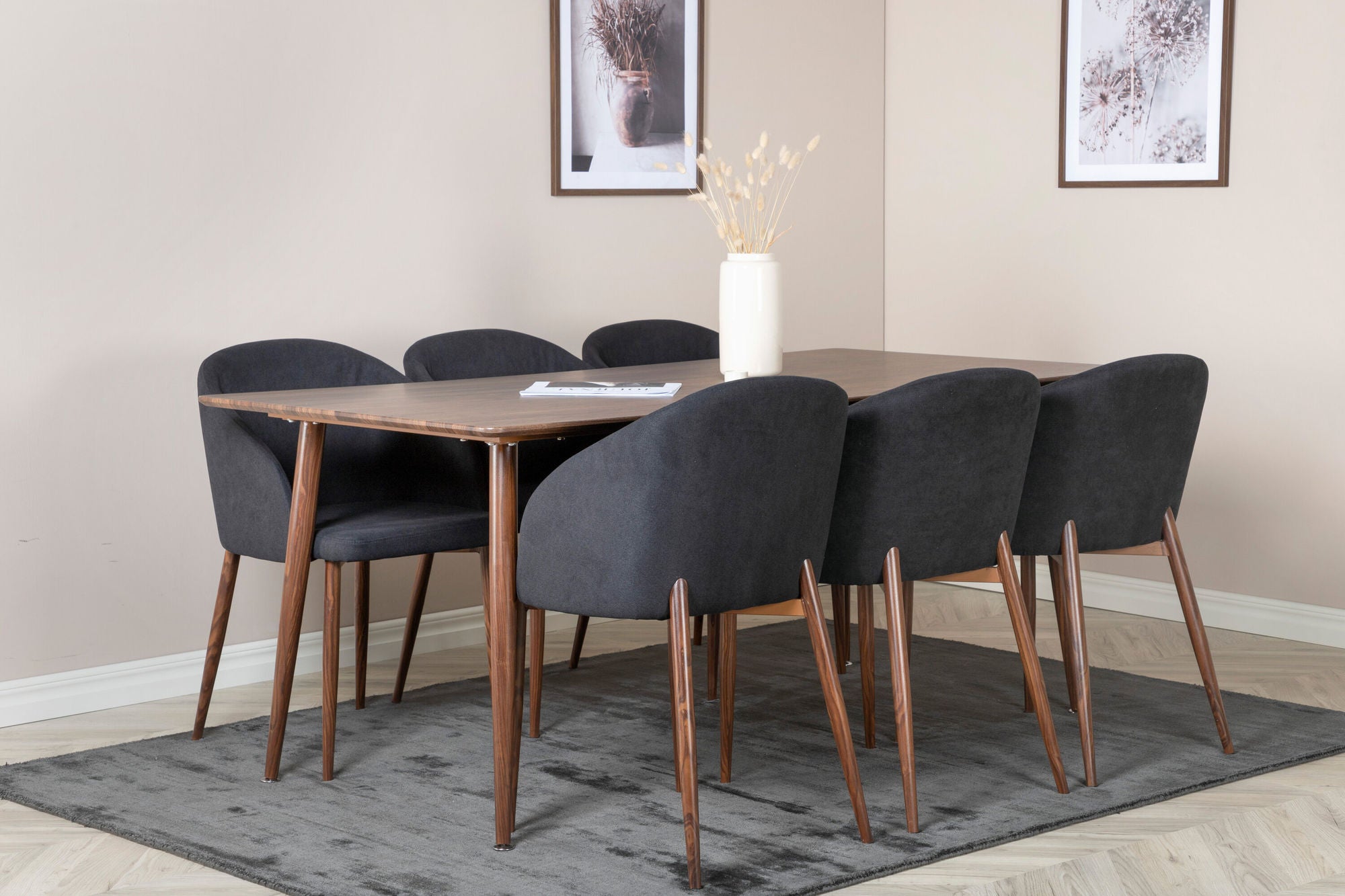 Venture Home Polar spisebord 180 cm - Walnut top - Walnut Legs+Arch Spisebordsstol - Walnut Legs - Black Fabric_6