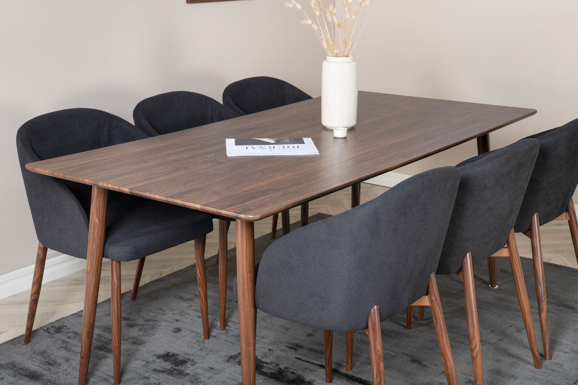 Venture Home Polar spisebord 180 cm - Walnut top - Walnut Legs+Arch Spisebordsstol - Walnut Legs - Black Fabric_6