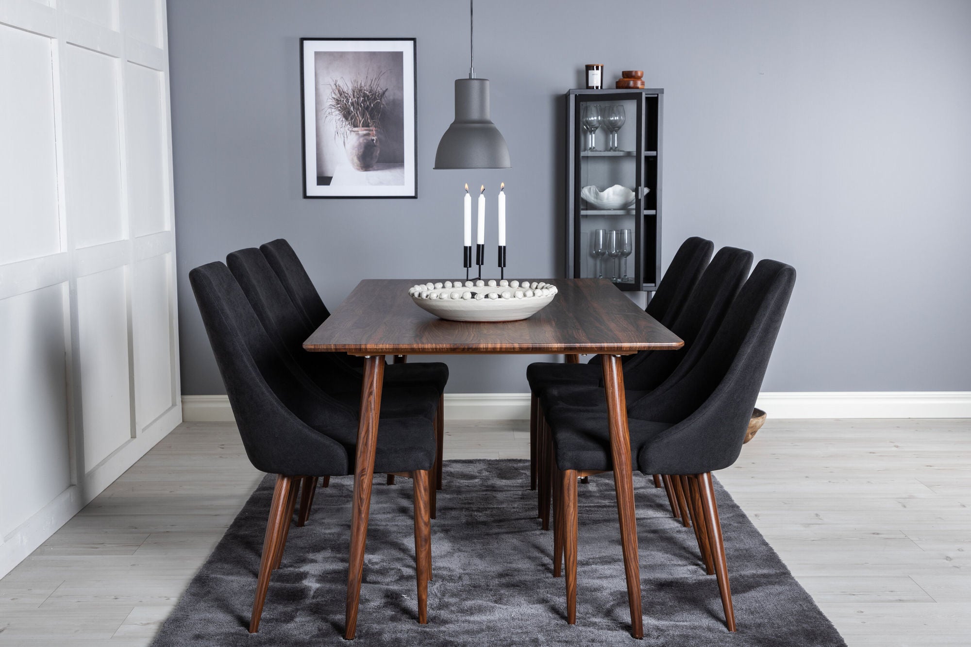 Venture Home Polar spisebord 180 cm - Walnut top - Walnut Legs+Leone Spisebordsstol - Walnut legs - Black Fabric_6