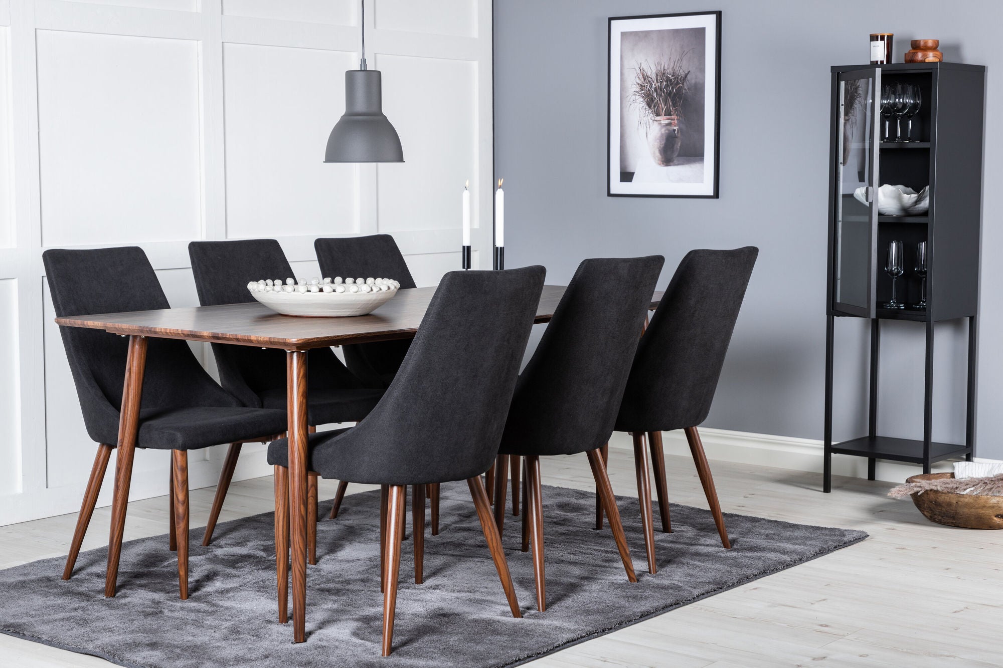Venture Home Polar spisebord 180 cm - Walnut top - Walnut Legs+Leone Spisebordsstol - Walnut legs - Black Fabric_6