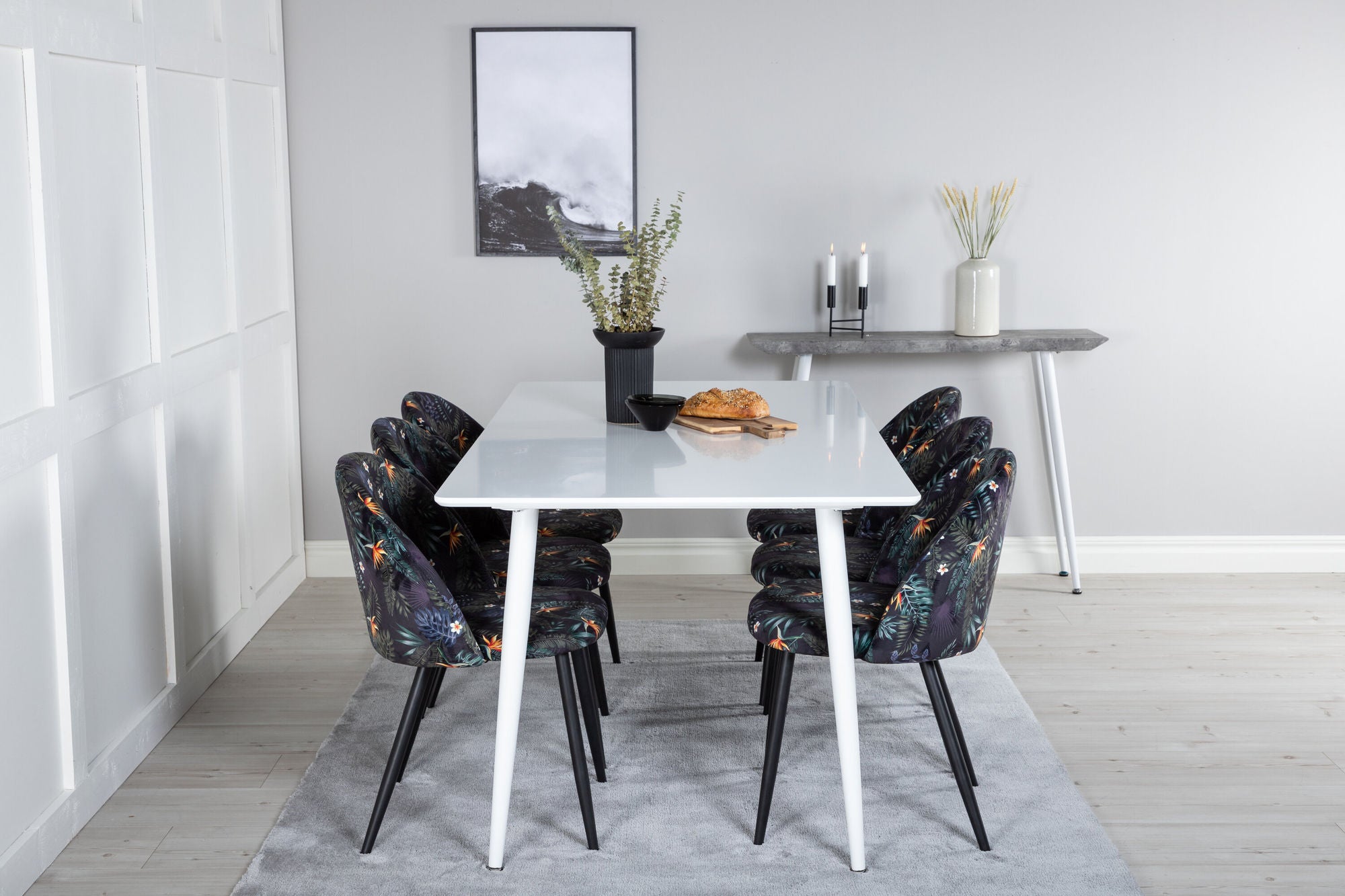 Venture Home Polar spisebord 180 cm - White top / White Legs+Velvet Spisebordsstol - Black Flower fabric_6