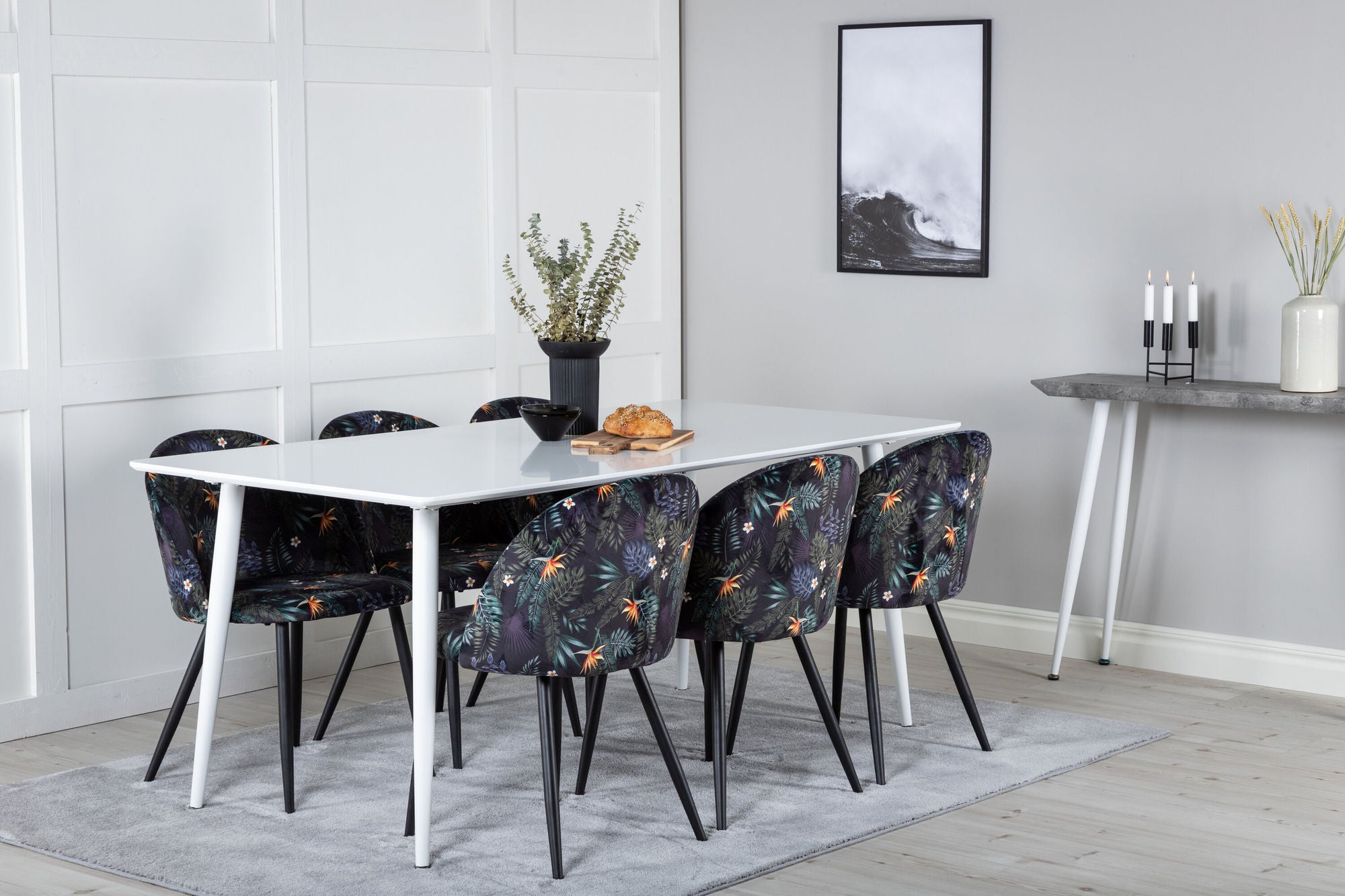 Venture Home Polar spisebord 180 cm - White top / White Legs+Velvet Spisebordsstol - Black Flower fabric_6