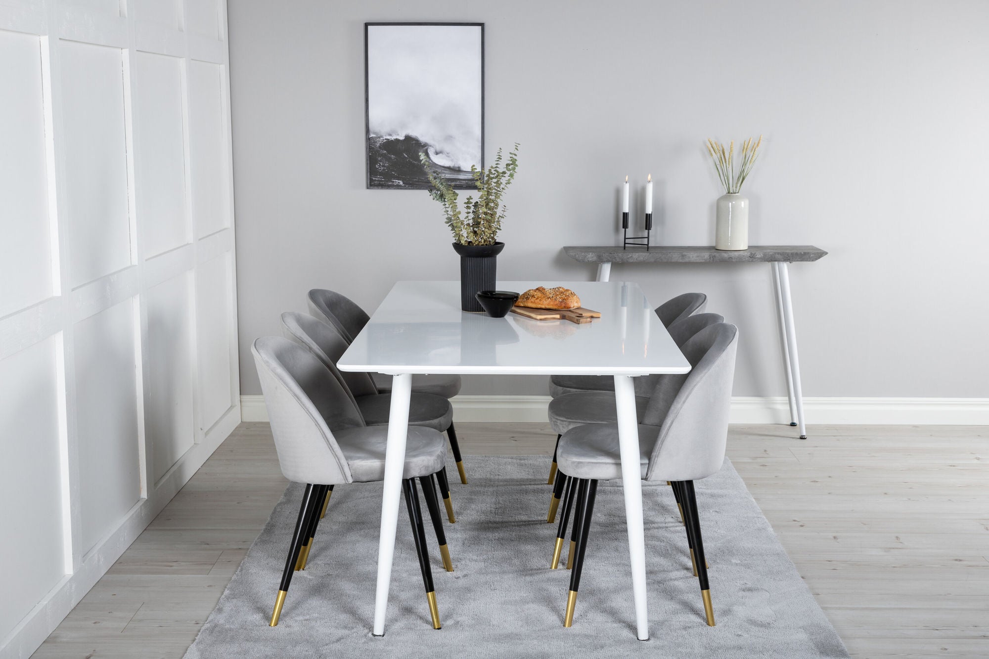 Venture Home Polar spisebord 180 cm - White top / White Legs+Velvet Spisebordsstol Brass - Light Grey / Black_6