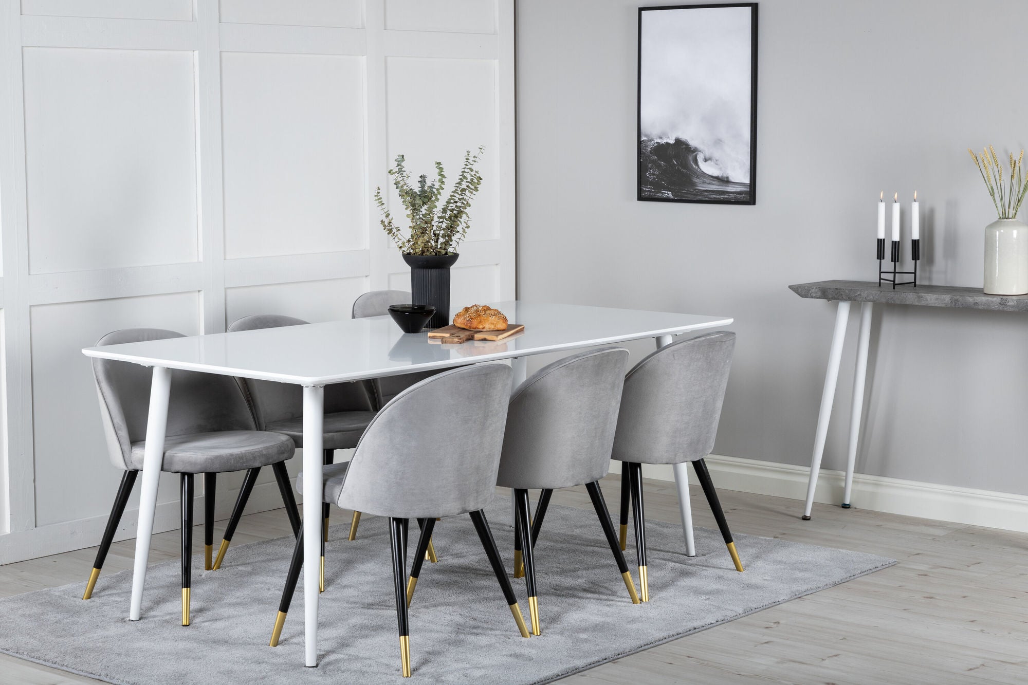 Venture Home Polar spisebord 180 cm - White top / White Legs+Velvet Spisebordsstol Brass - Light Grey / Black_6