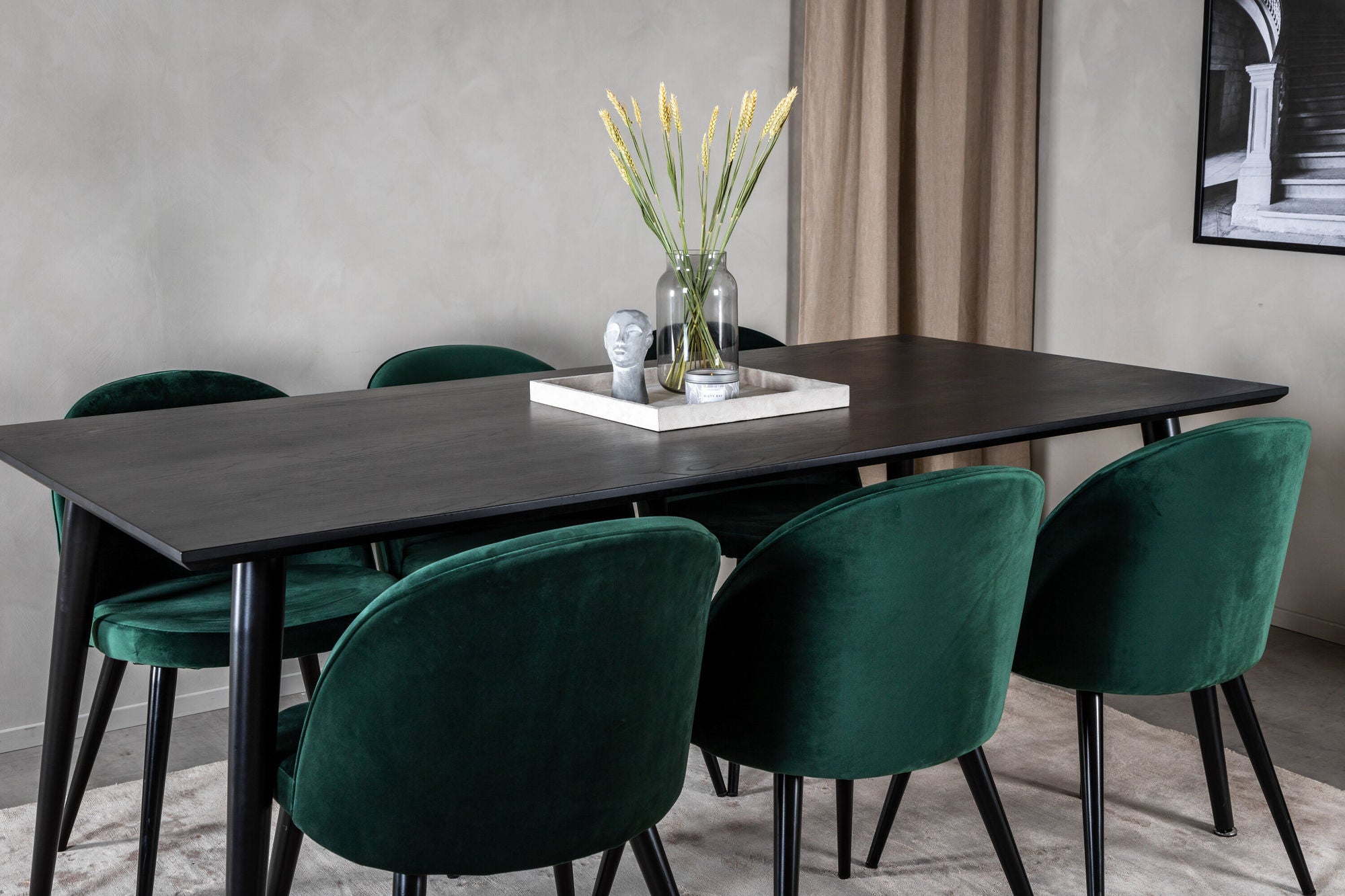 Venture Home Dipp spisebord - 180*90cm - Black Veneer / all black legs +Velvet Spisebordsstol - Green / Black_6