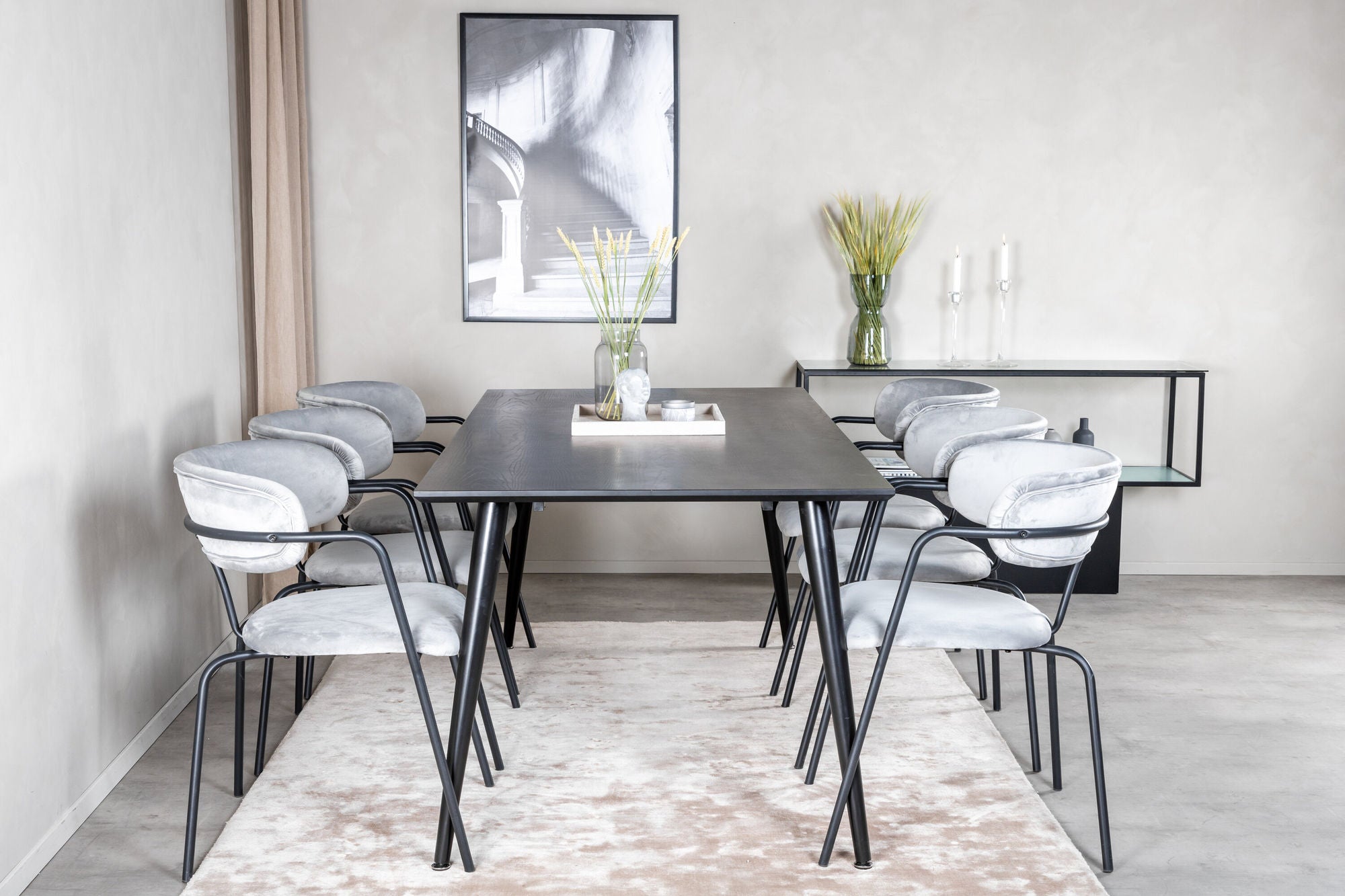 Venture Home Dipp spisebord - 180*90cm - Black Veneer / all black legs - Arrow armchair - Black Legs - Grey Velvet 6