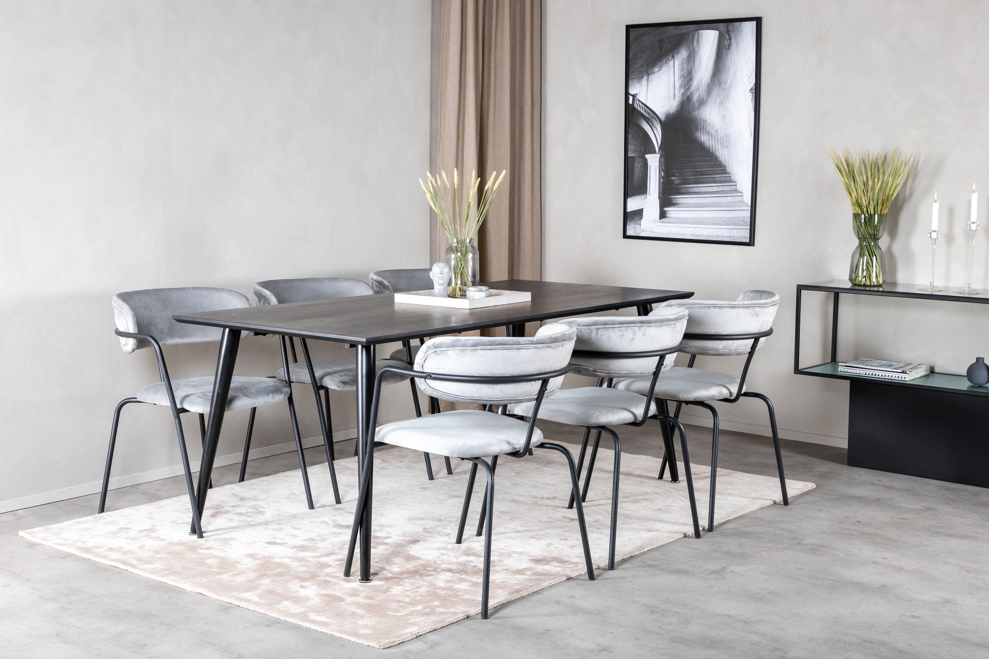 Venture Home Dipp spisebord - 180*90cm - Black Veneer / all black legs - Arrow armchair - Black Legs - Grey Velvet 6