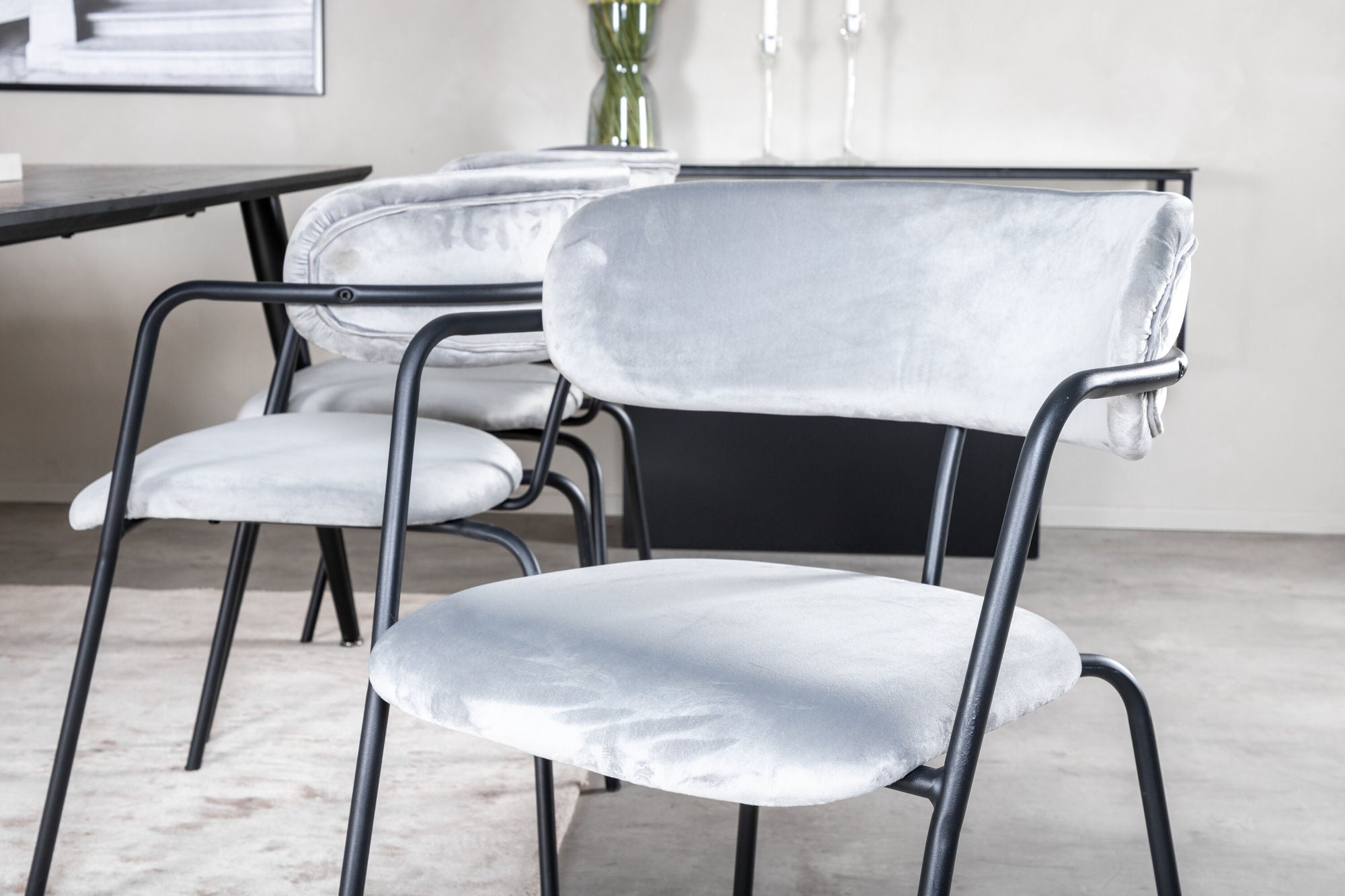 Venture Home Dipp spisebord - 180*90cm - Black Veneer / all black legs - Arrow armchair - Black Legs - Grey Velvet 6