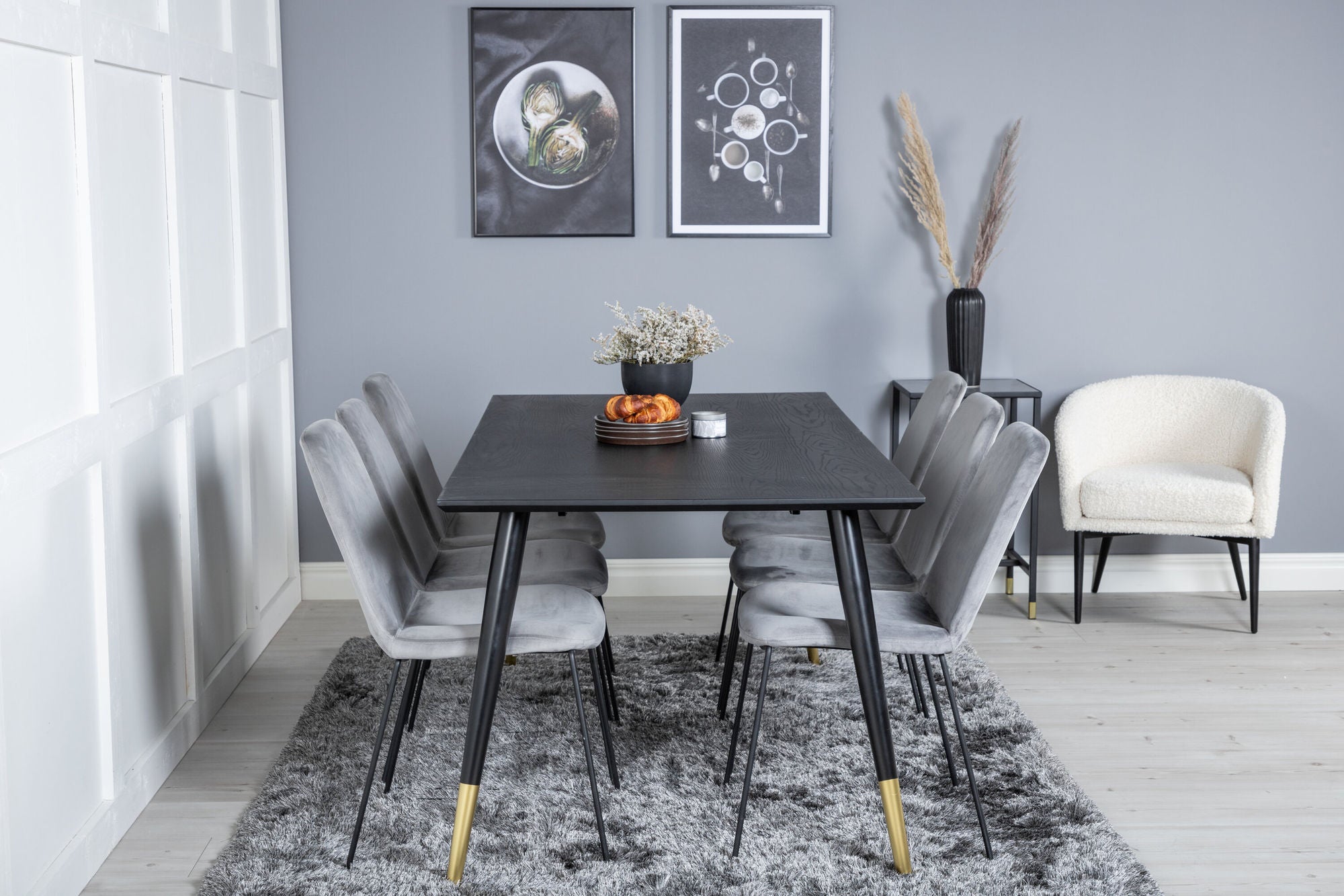 Venture Home Dipp spisebord - 180*90cm - Black / Black Brass+Muce Spisebordsstol - Black Legs - Grey Velvet_6