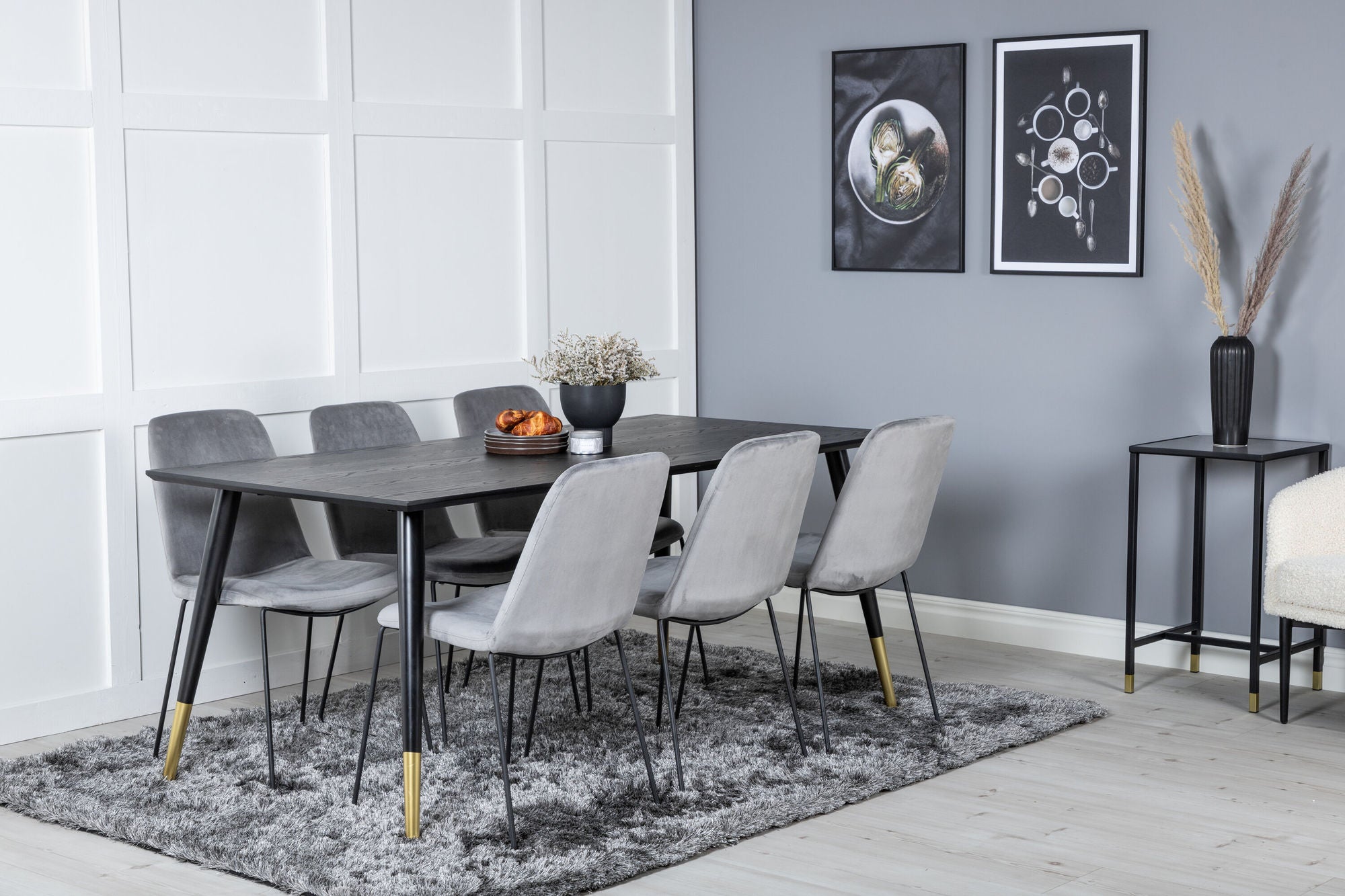 Venture Home Dipp spisebord - 180*90cm - Black / Black Brass+Muce Spisebordsstol - Black Legs - Grey Velvet_6