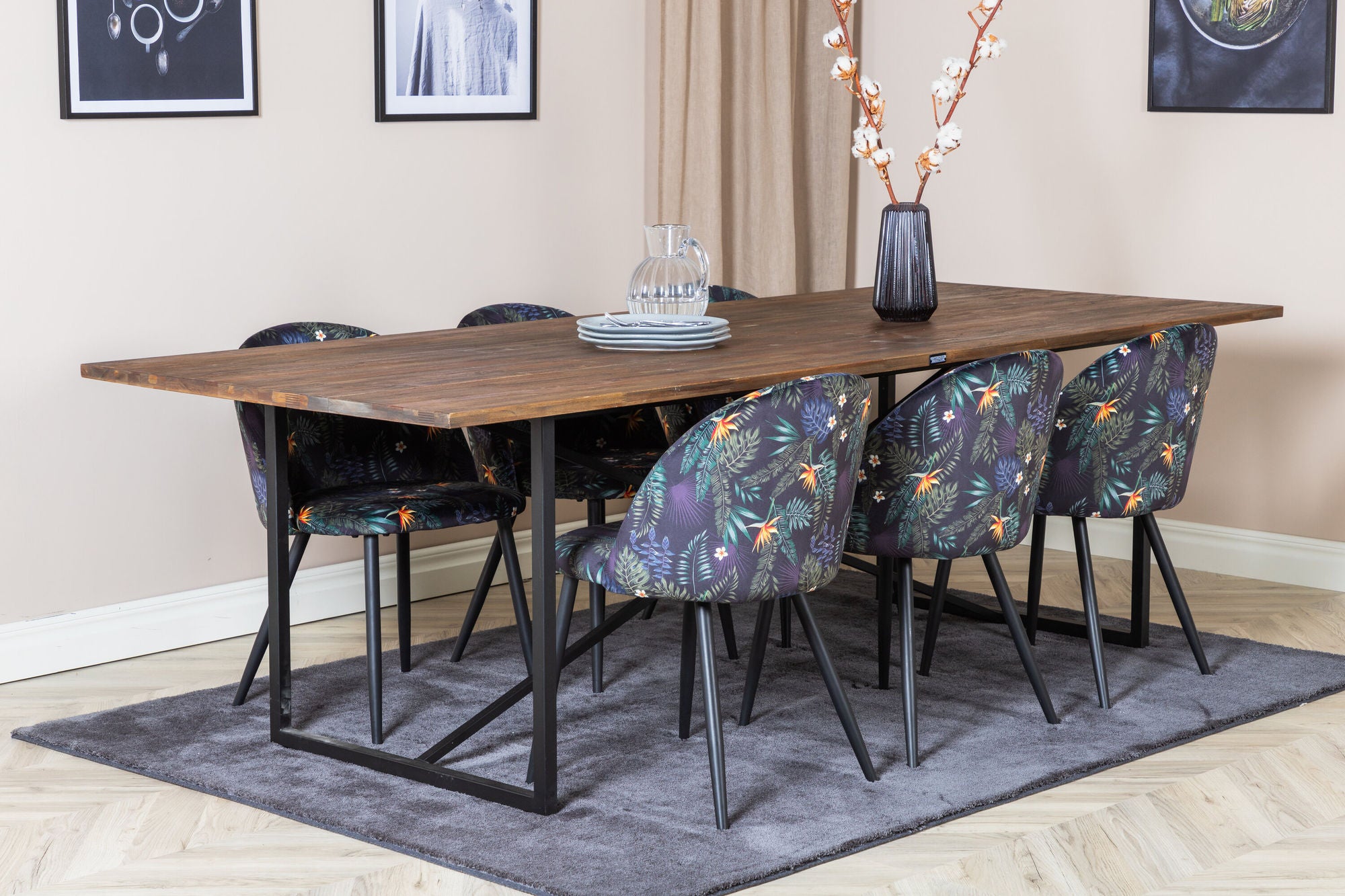 Venture Home Padang spisebord - 250*100*H76 - Dark Teak / Black+Velvet Spisebordsstol - Black Flower fabric_6