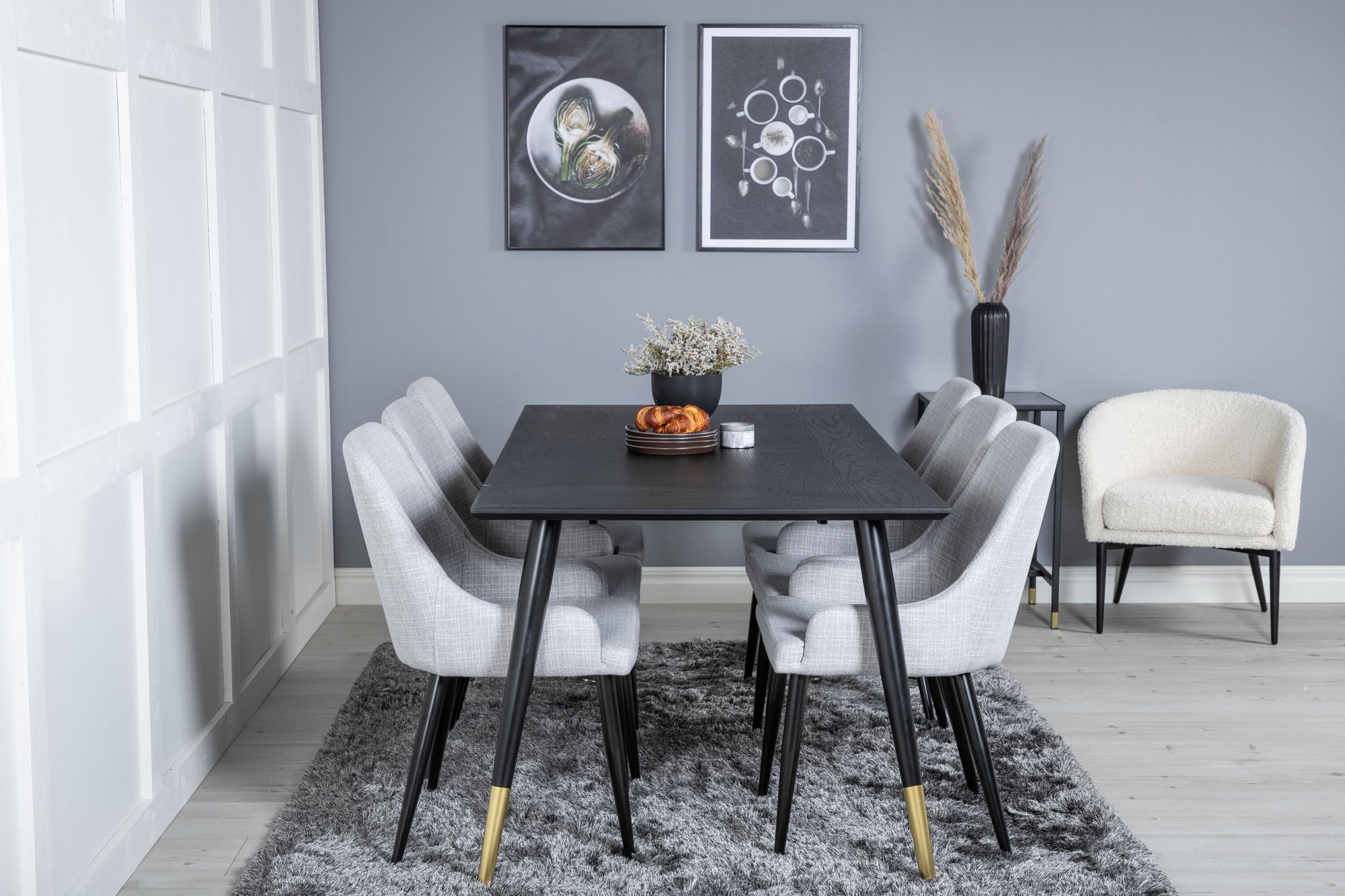 Venture Home Dipp spisebord - 180*90cm - Black / Black Brass+Plaza Dining chair - Black legs - Light Grey Fabric_6
