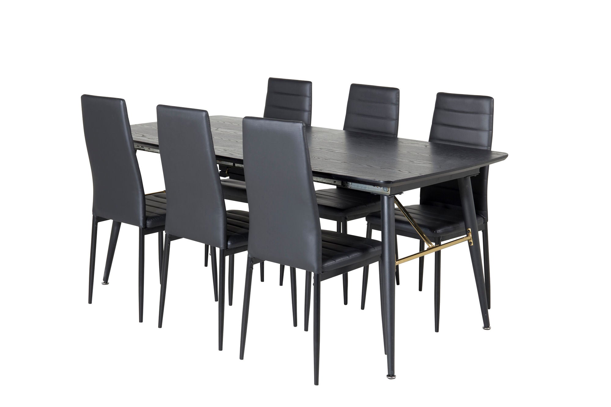 Venture Home Gold Extention bord - 180/220*85*H76 Black Veneer - Black legs - Brass details+Slim High Back Spisebordsstol - Black Legs - Black PU_6