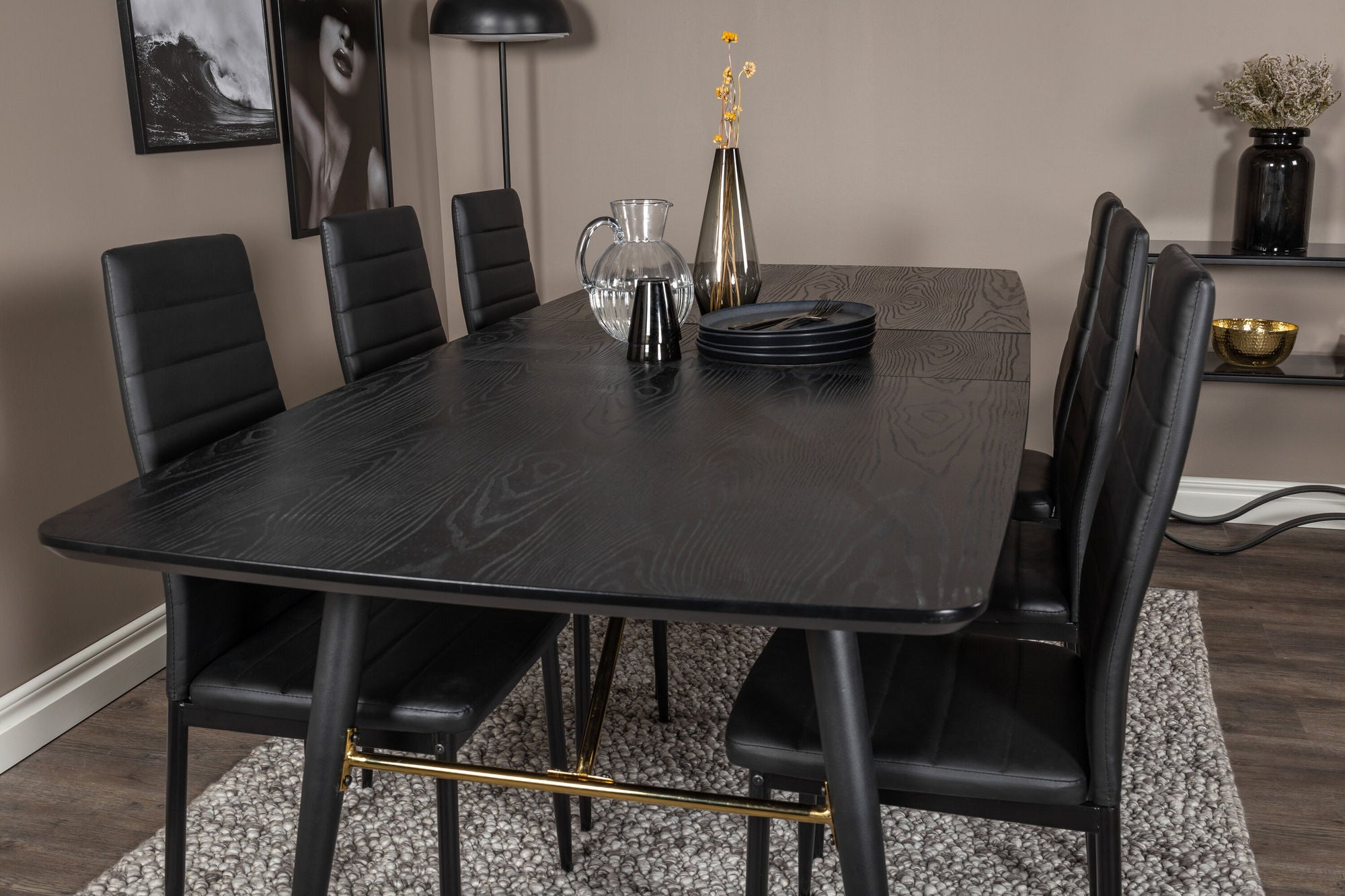 Venture Home Gold Extention bord - 180/220*85*H76 Black Veneer - Black legs - Brass details+Slim High Back Spisebordsstol - Black Legs - Black PU_6