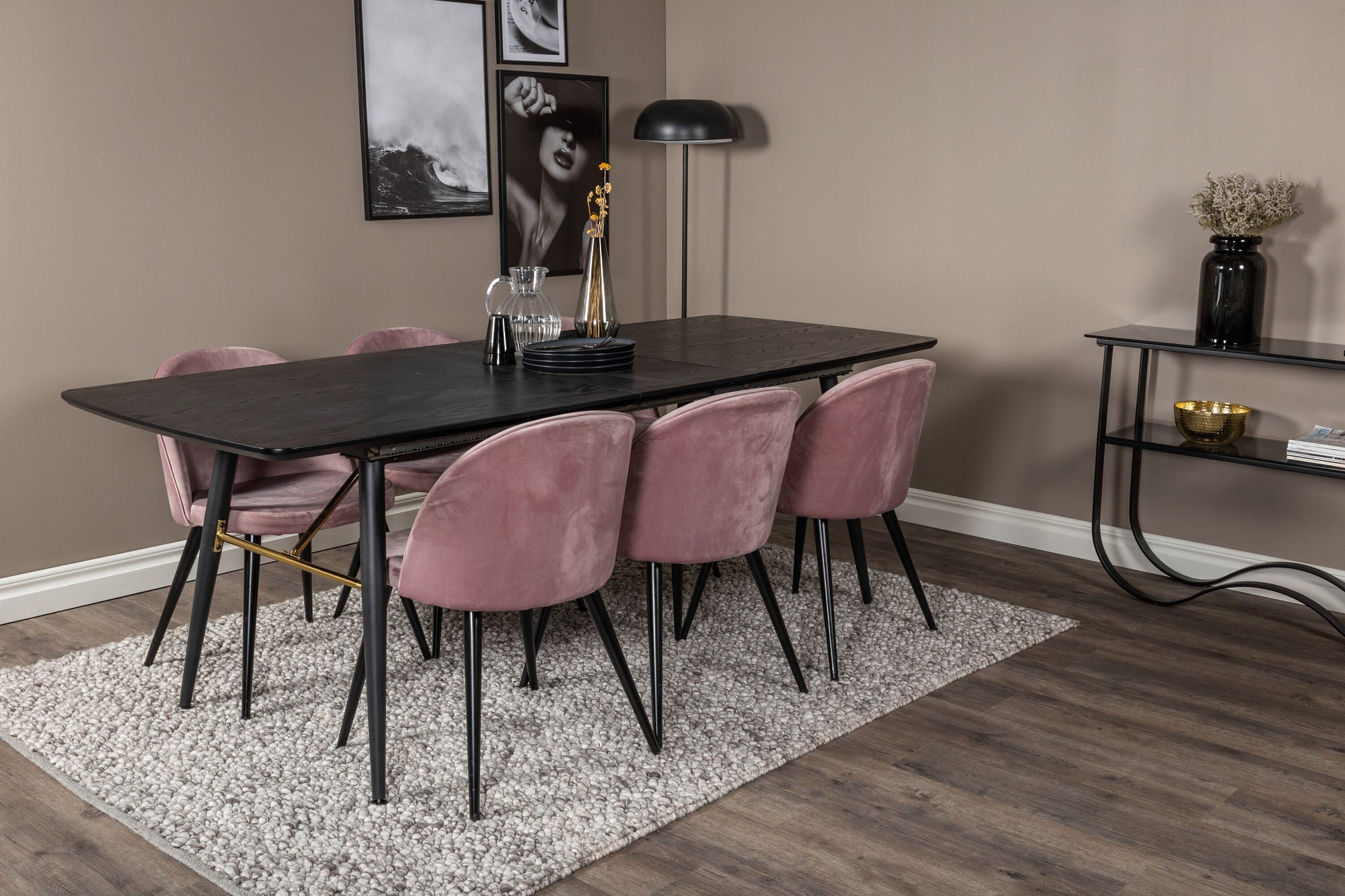 Venture Home Gold Extention bord - 180/220*85*H76 Black Veneer - Black legs - Brass details+Velvet Spisebordsstol - Pink / Black_6