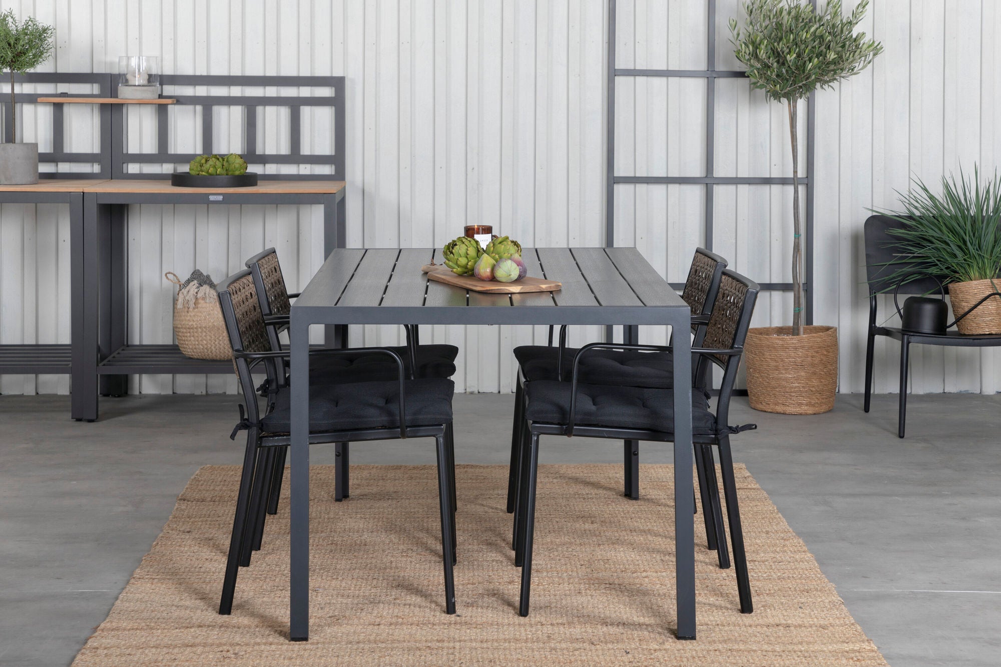 Venture Home Break bord 150*90 - Black/Black+Paola Spisebordsstol - Black Steel / Nature Wicker / Black Cushion_4