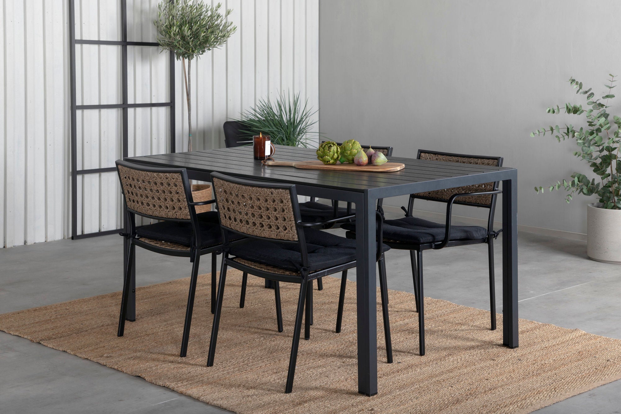 Venture Home Break bord 150*90 - Black/Black+Paola Spisebordsstol - Black Steel / Nature Wicker / Black Cushion_4