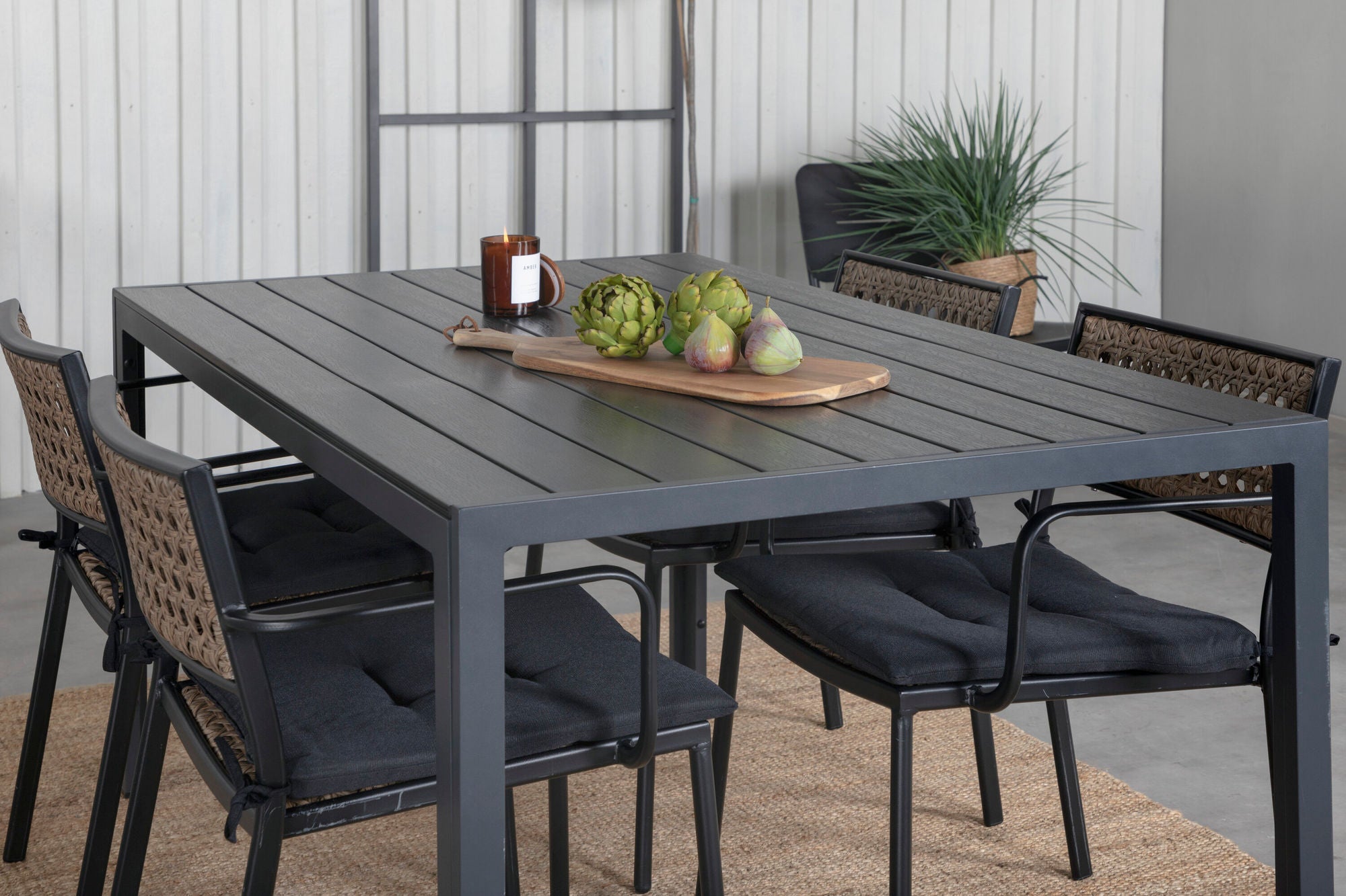 Venture Home Break bord 150*90 - Black/Black+Paola Spisebordsstol - Black Steel / Nature Wicker / Black Cushion_4