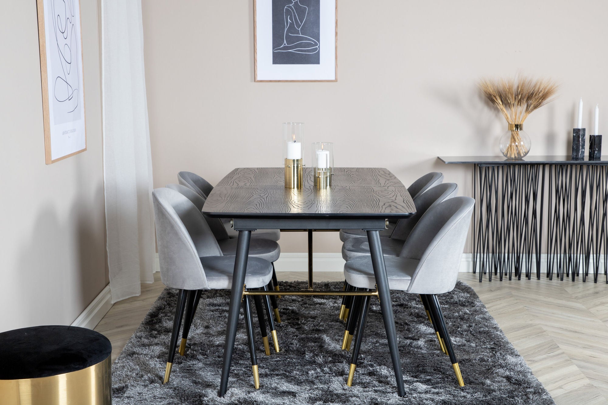 Venture Home Gold Extention bord - 180/220*85*H76 Black Veneer - Black legs - Brass details+Velvet Spisebordsstol Brass - Light Grey / Black_6