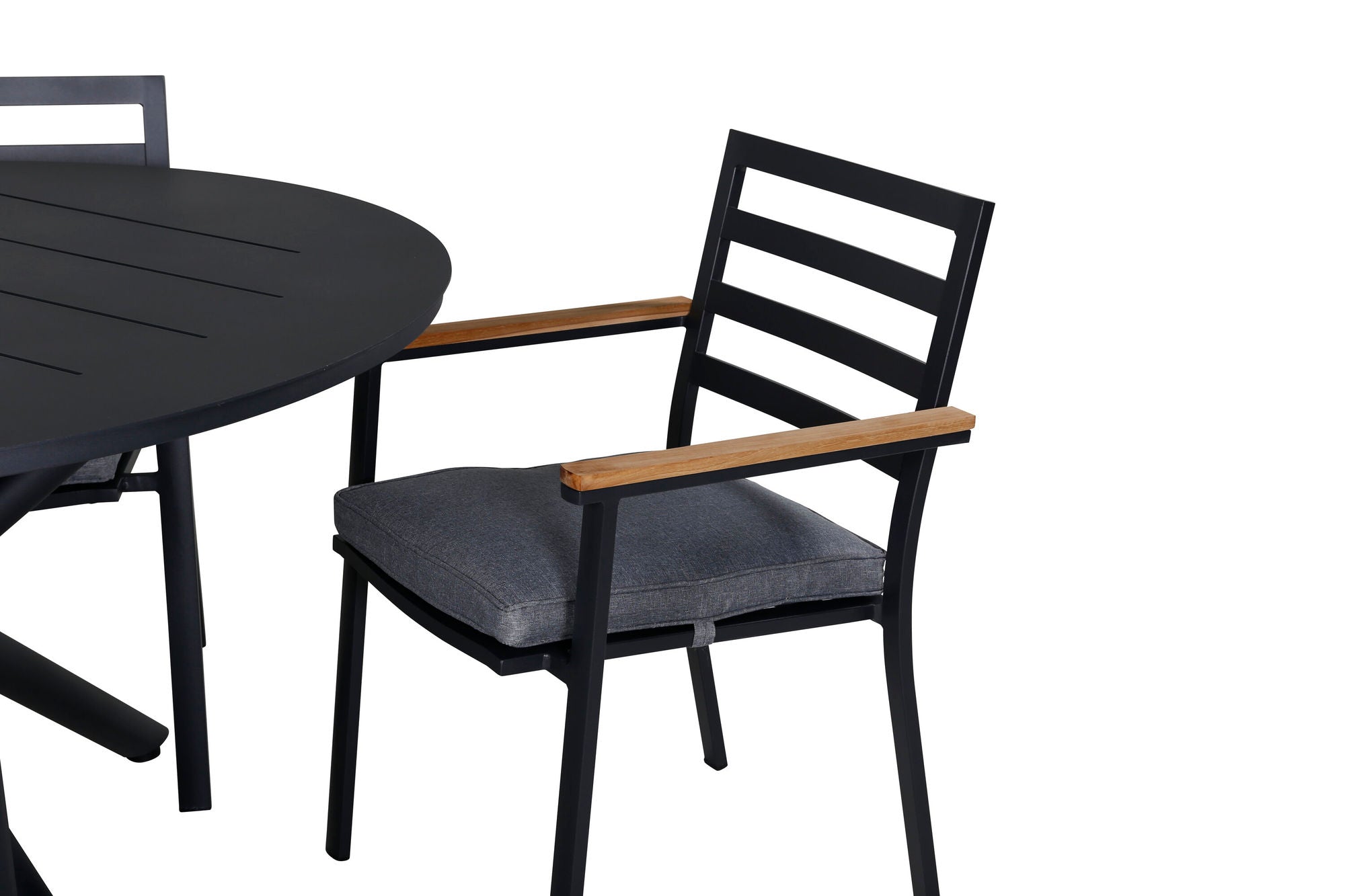 Venture Home Alma spisebord - Black Alu - ø120cm+Brasilia Karmstol (stapelbar) - Svart Alu / Teak_4
