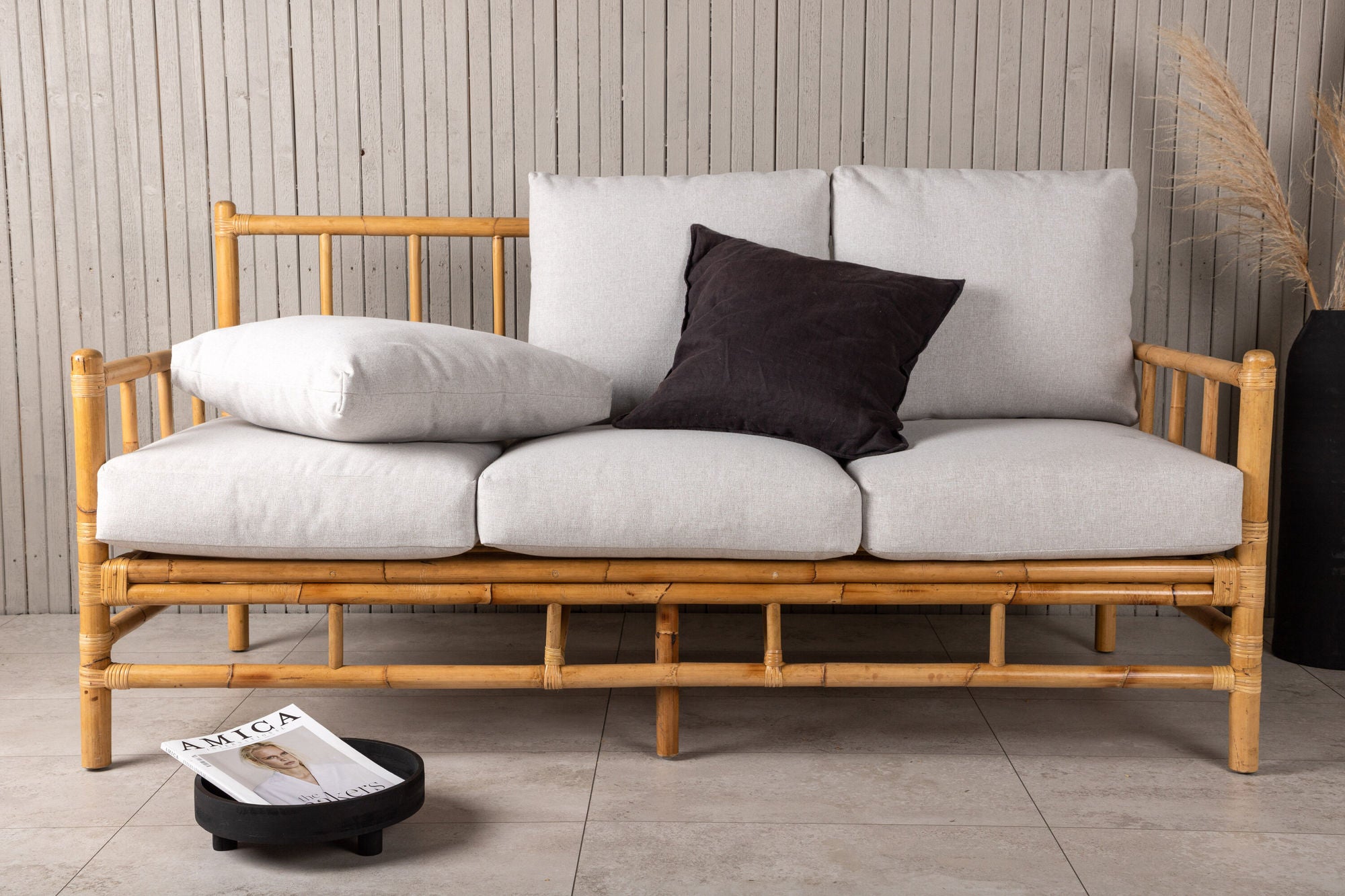 Venture Home Cane 3-seat sofa - Bamboo / Grey Cushion