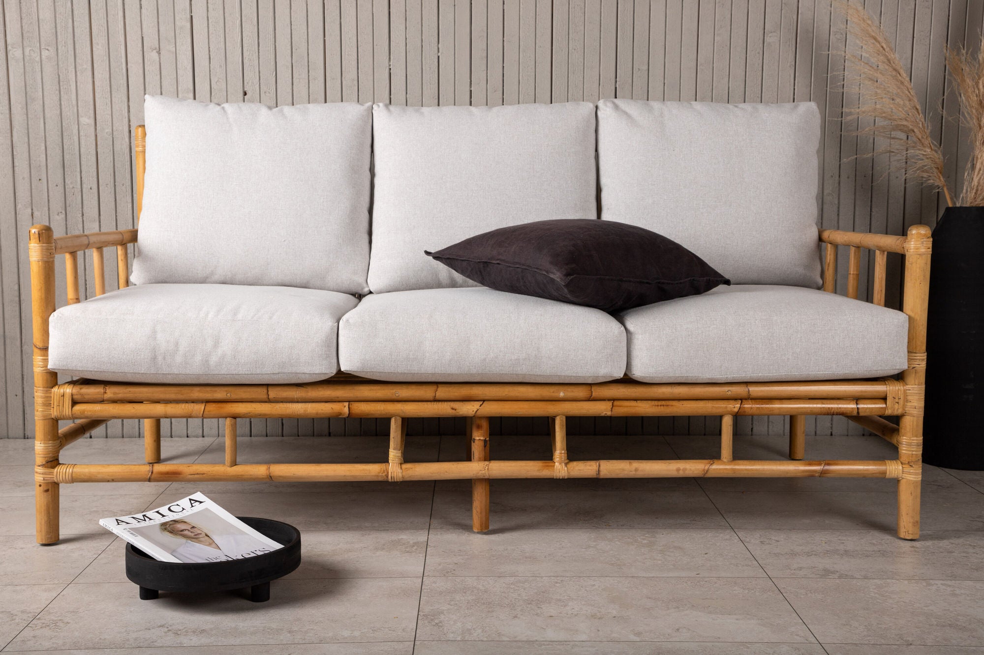 Venture Home Cane 3-seat sofa - Bamboo / Grey Cushion