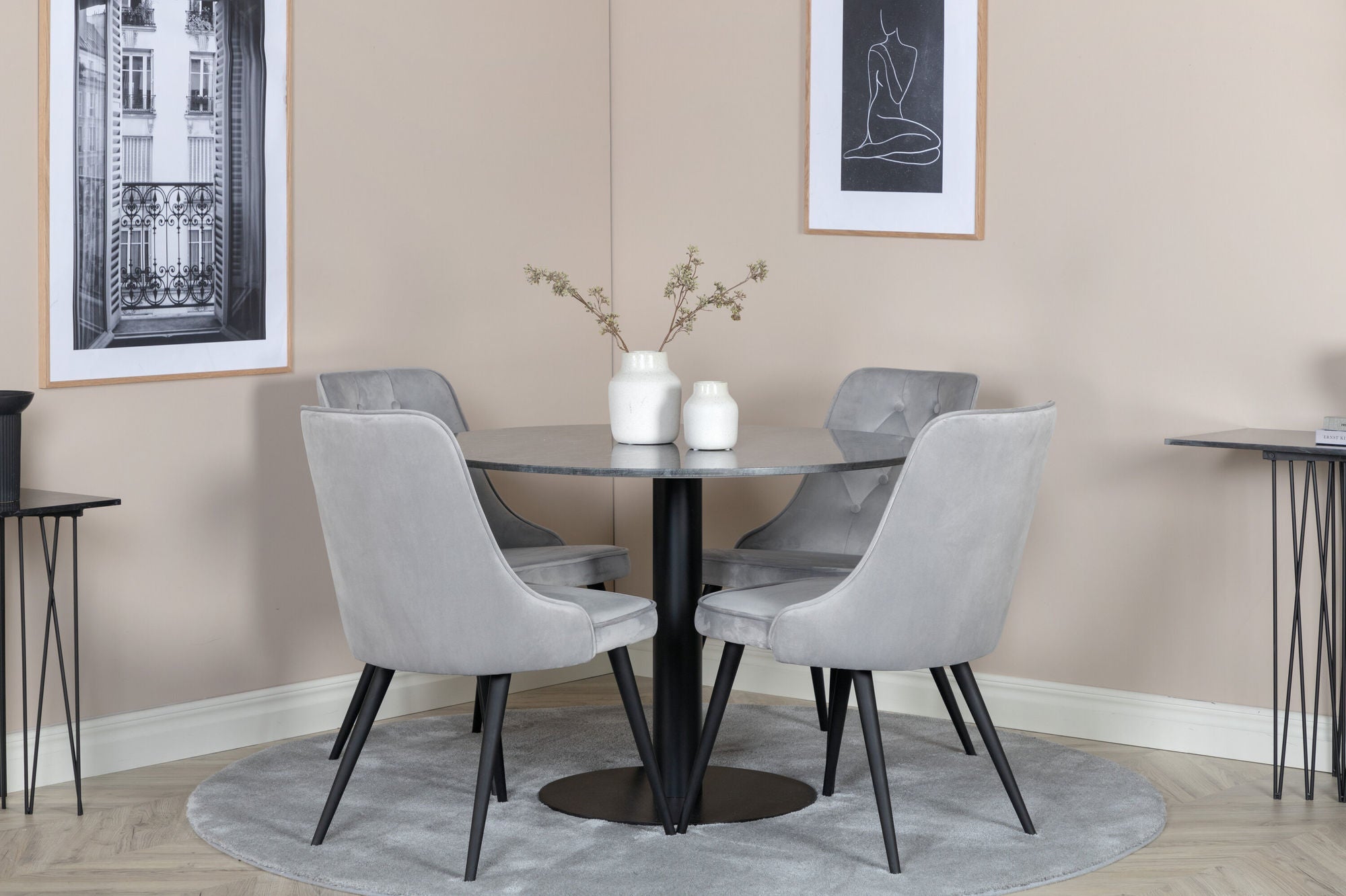 Venture Home Estelle runt Matbord - Svart / Svart marmor - ø106*H75+Velvet Deluxe Dining Chai